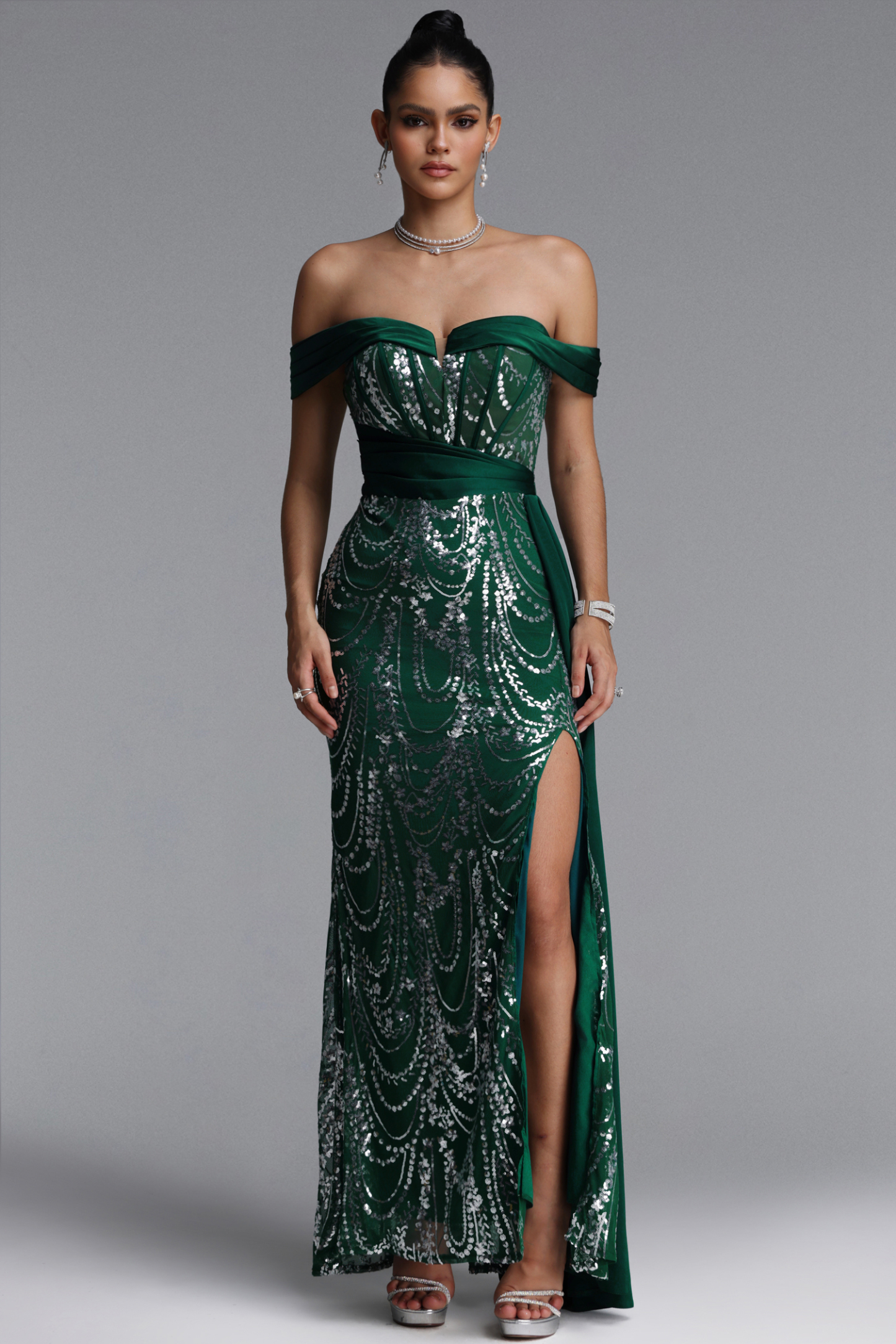 Rosie Elegant Off Shoulder Sequin Sash Maxi Dress