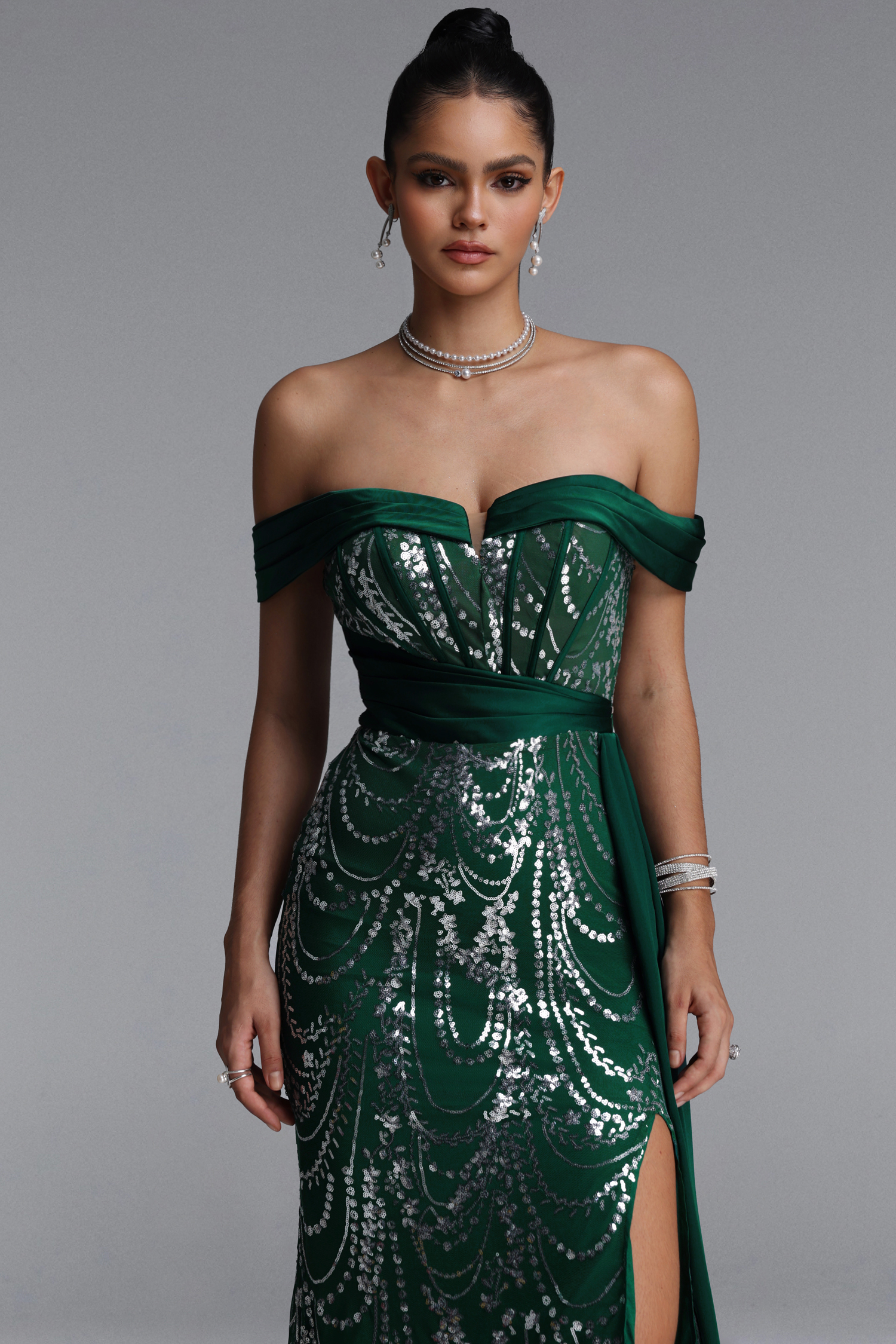 Rosie Elegant Off Shoulder Sequin Sash Maxi Dress