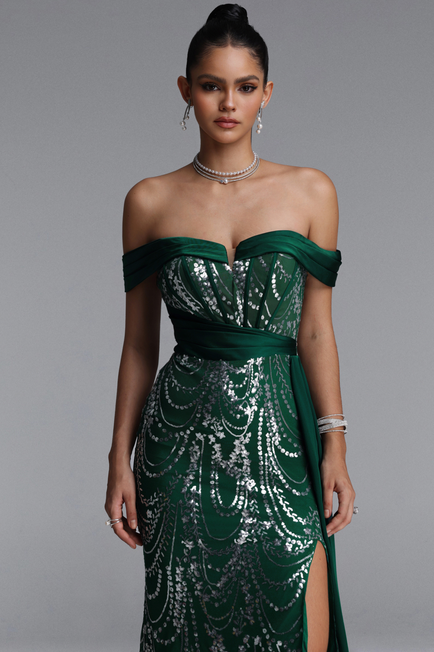 Rosie Elegant Off Shoulder Sequin Sash Maxi Dress