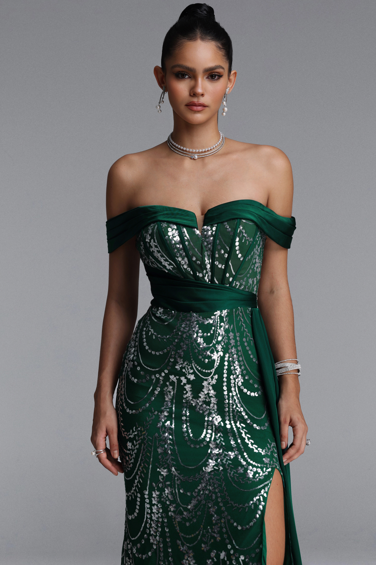 Rosie Elegant Off Shoulder Sequin Sash Maxi Dress
