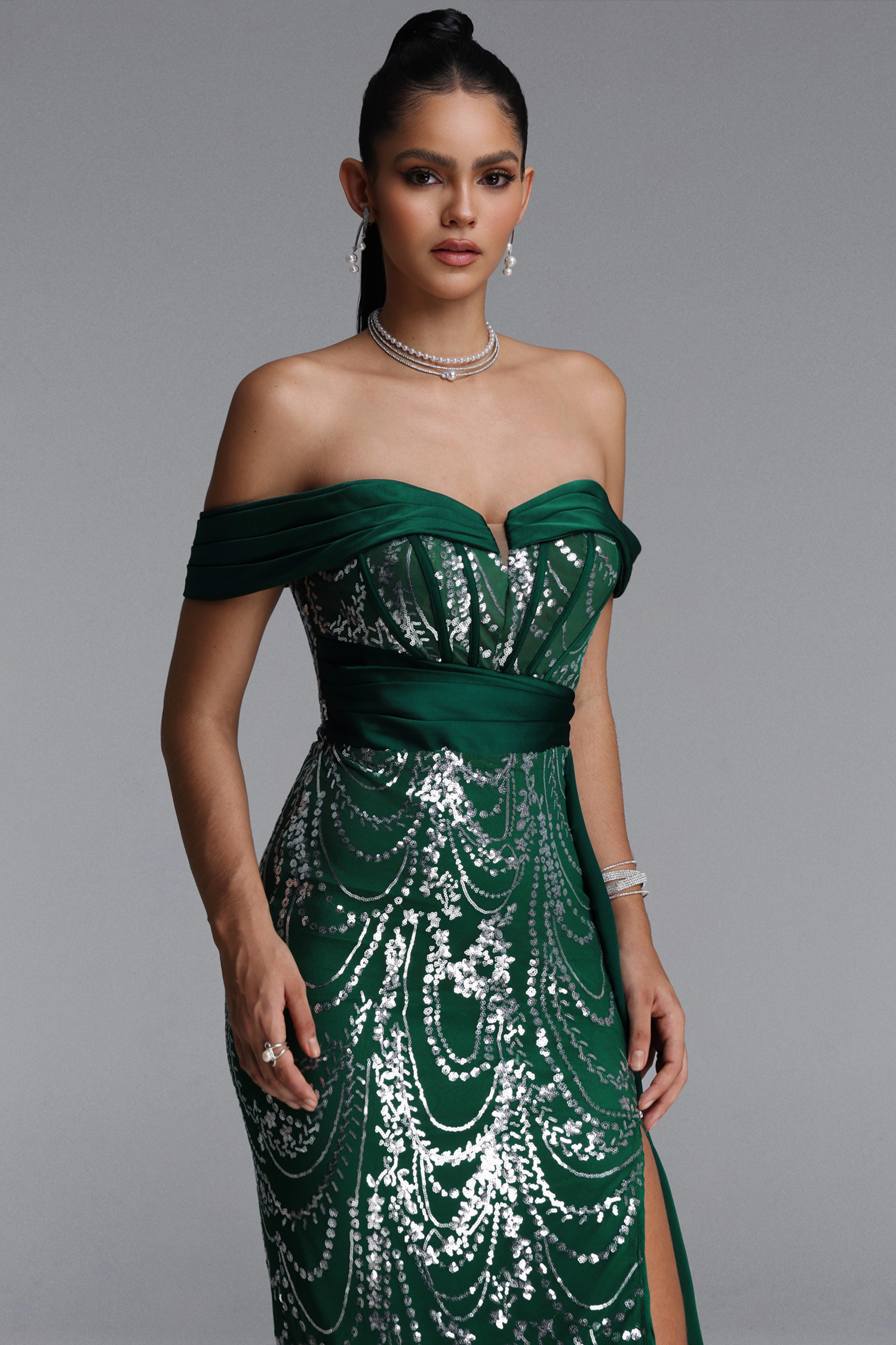 Rosie Elegant Off Shoulder Sequin Sash Maxi Dress
