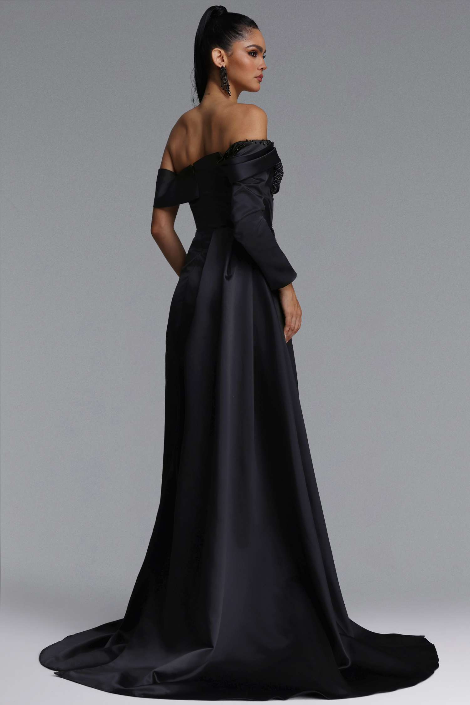 Lousia Glamorous Off Shoulder Bow Rhinestone Beaded Slit Satin Maxi Dress