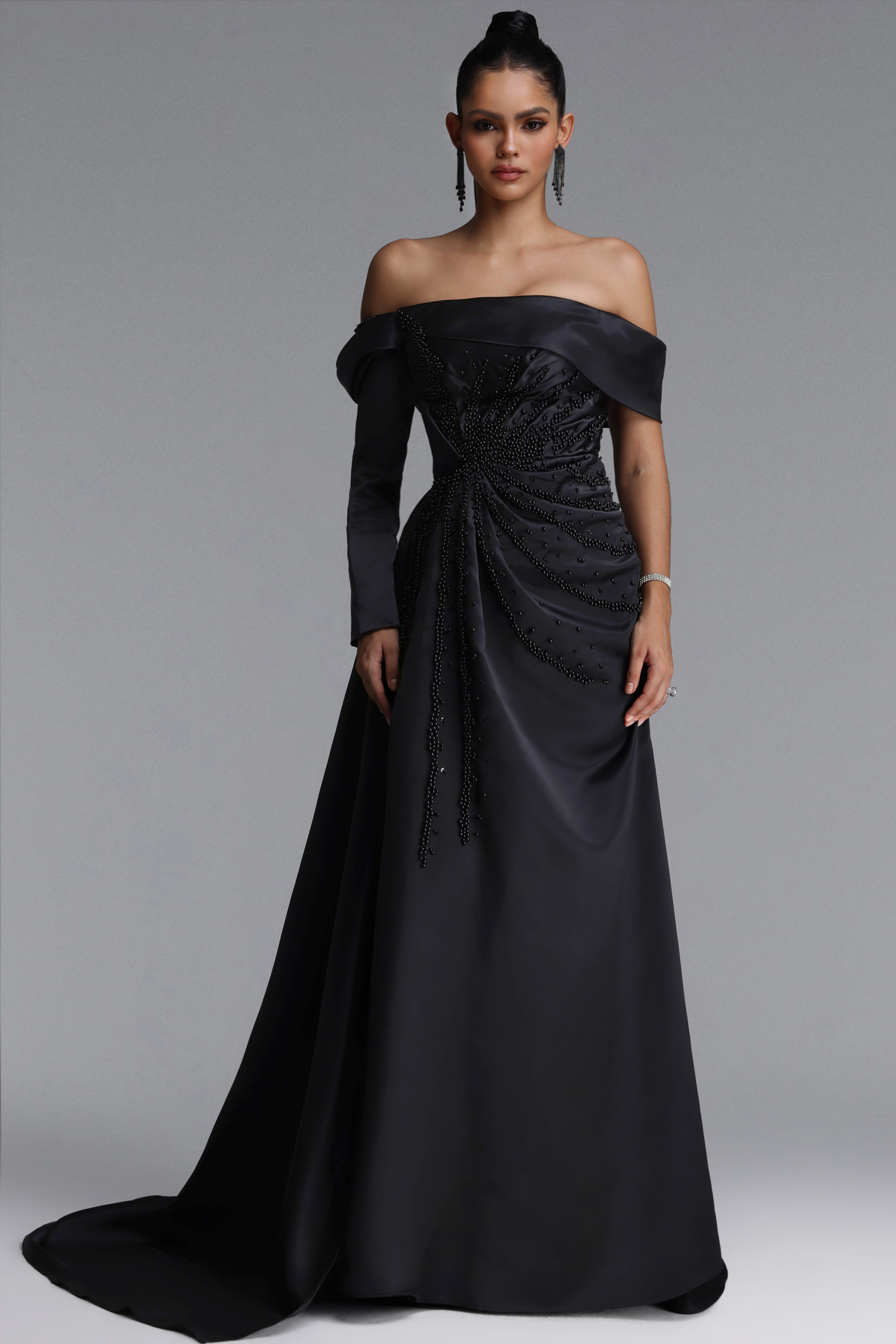 Lousia Glamorous Off Shoulder Bow Rhinestone Beaded Slit Satin Maxi Dress