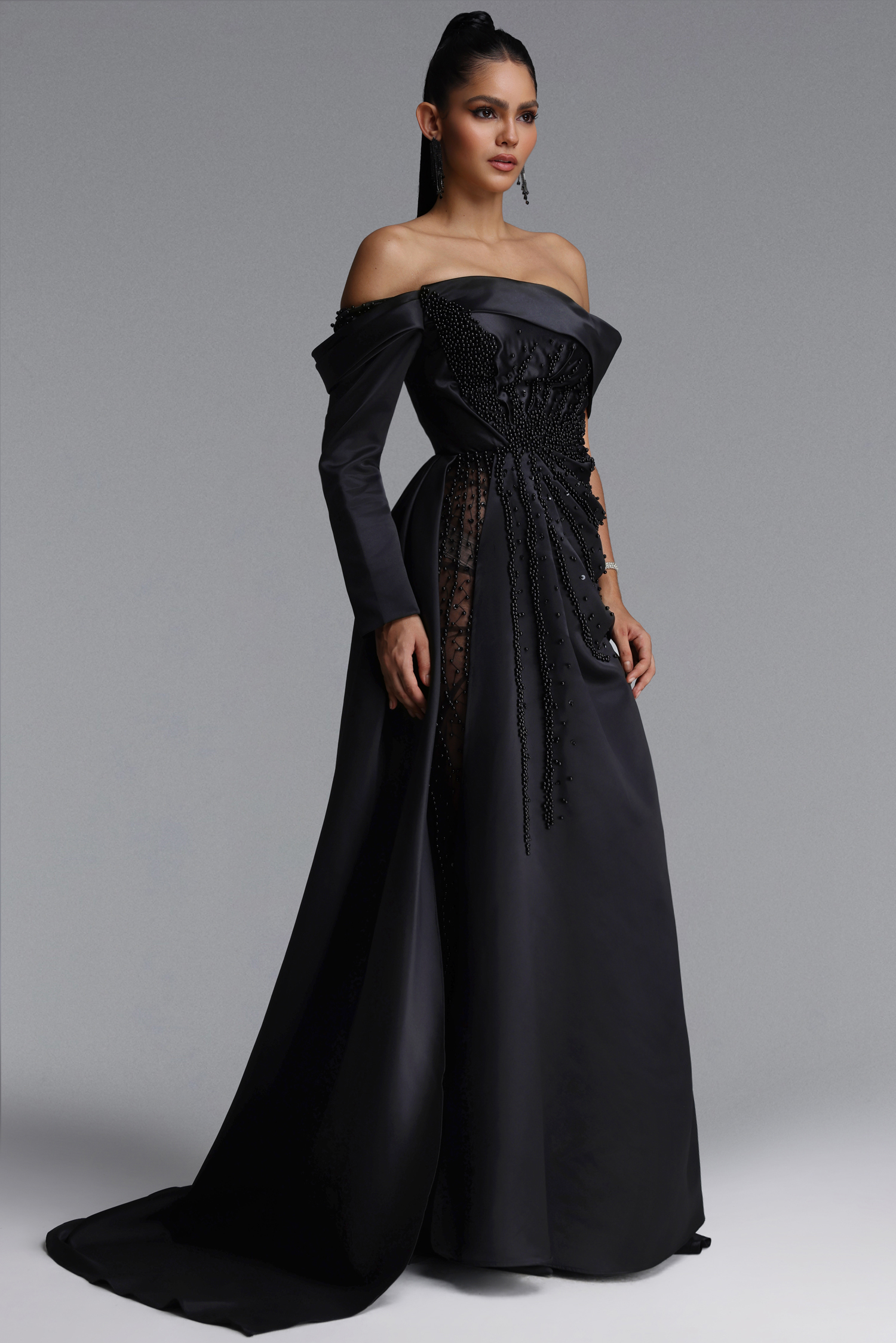 Lousia Glamorous Off Shoulder Bow Rhinestone Beaded Slit Satin Maxi Dress