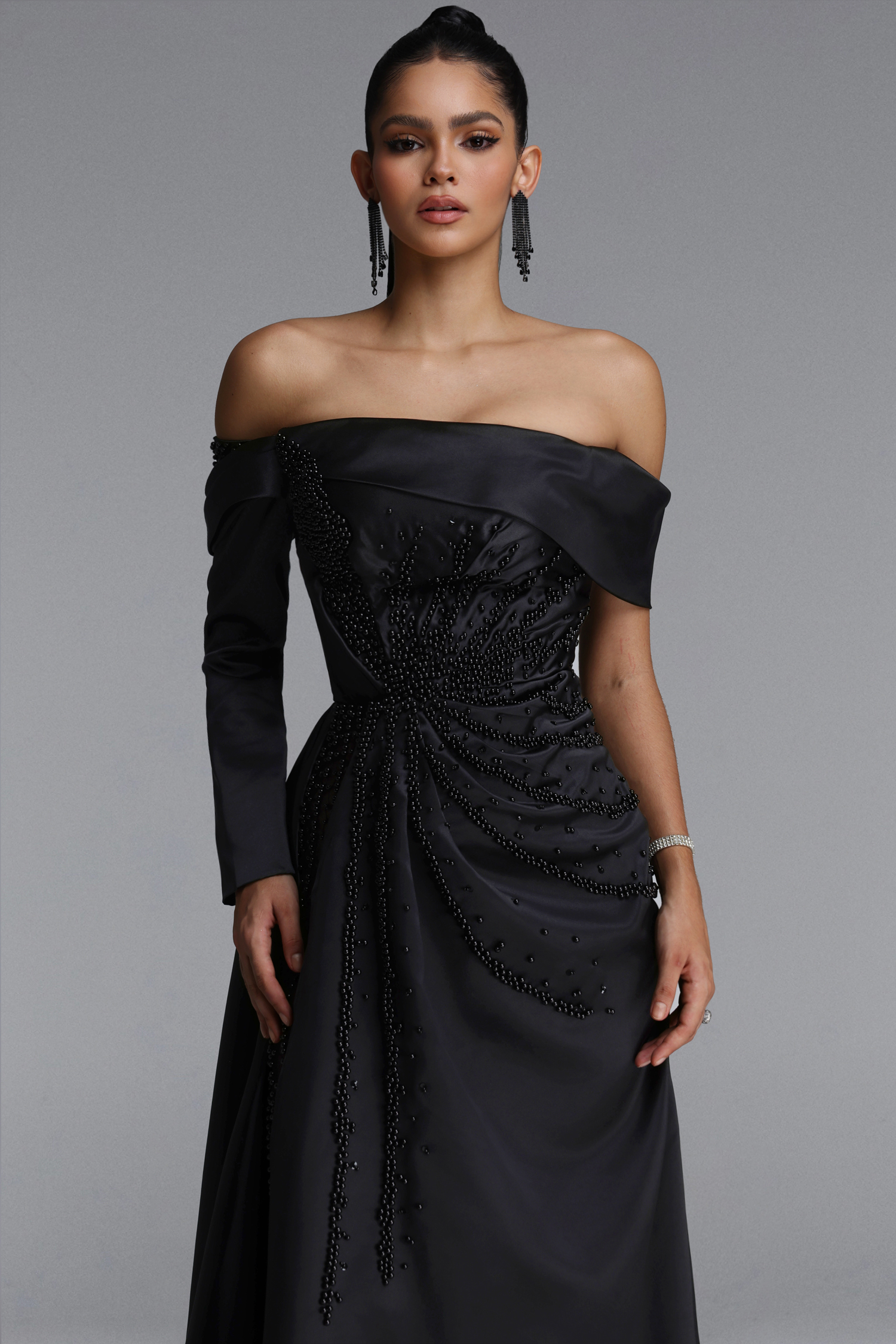 Lousia Glamorous Off Shoulder Bow Rhinestone Beaded Slit Satin Maxi Dress