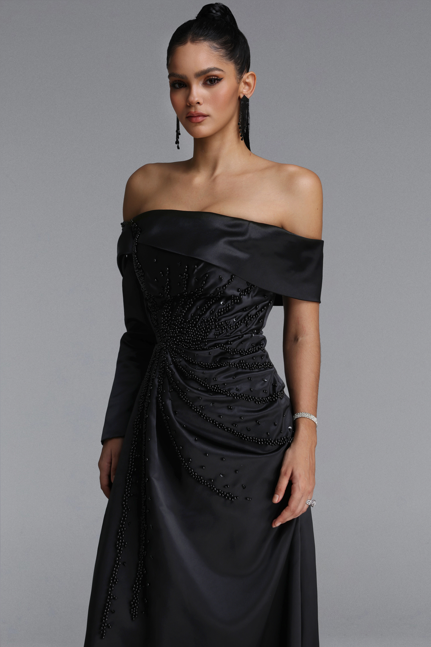 Lousia Glamorous Off Shoulder Bow Rhinestone Beaded Slit Satin Maxi Dress