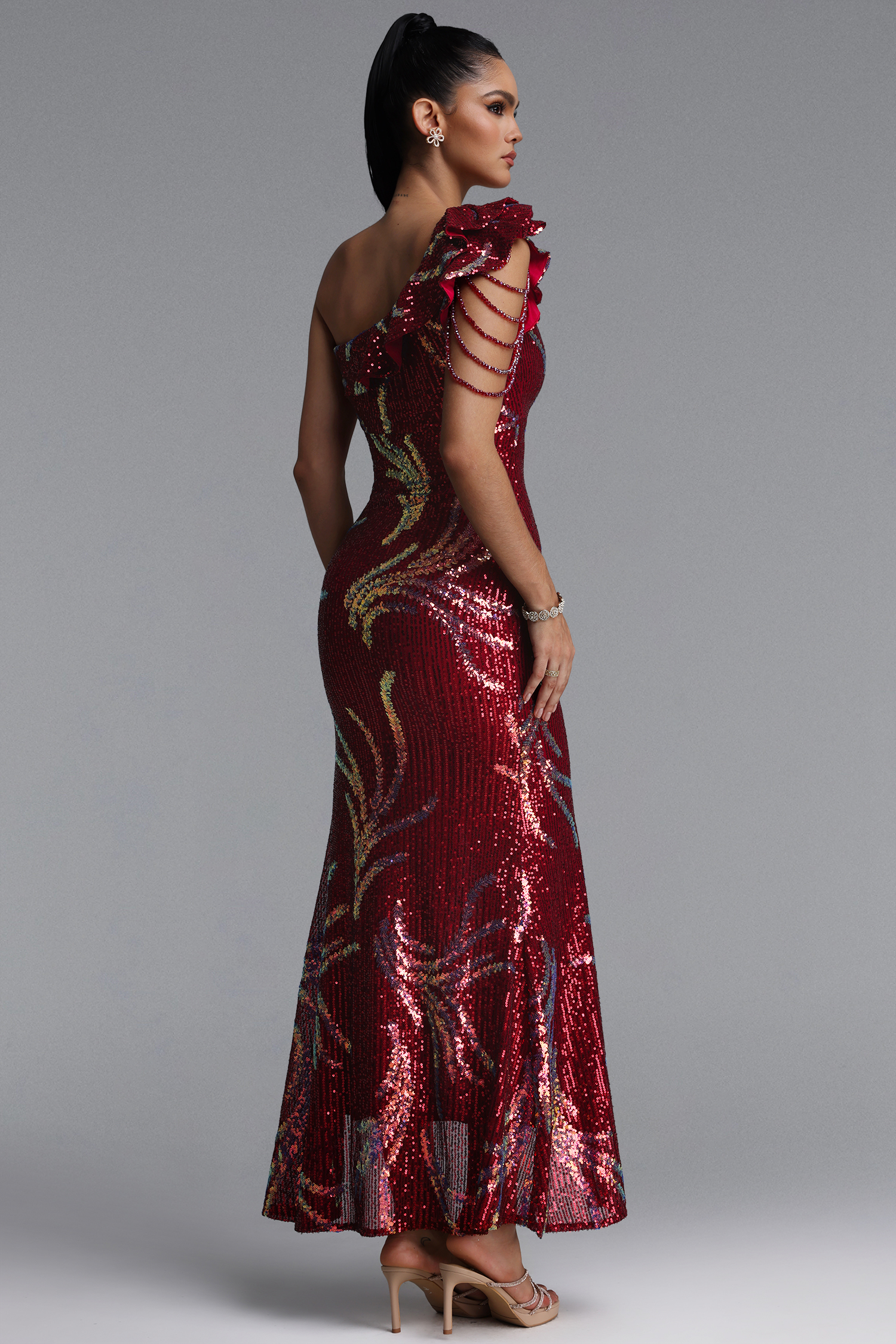 Rami Elegant Waist-Cinching One Shoulder Ruffle Beaded Chain Sequin High Slit Red Mermaid Maxi Dress