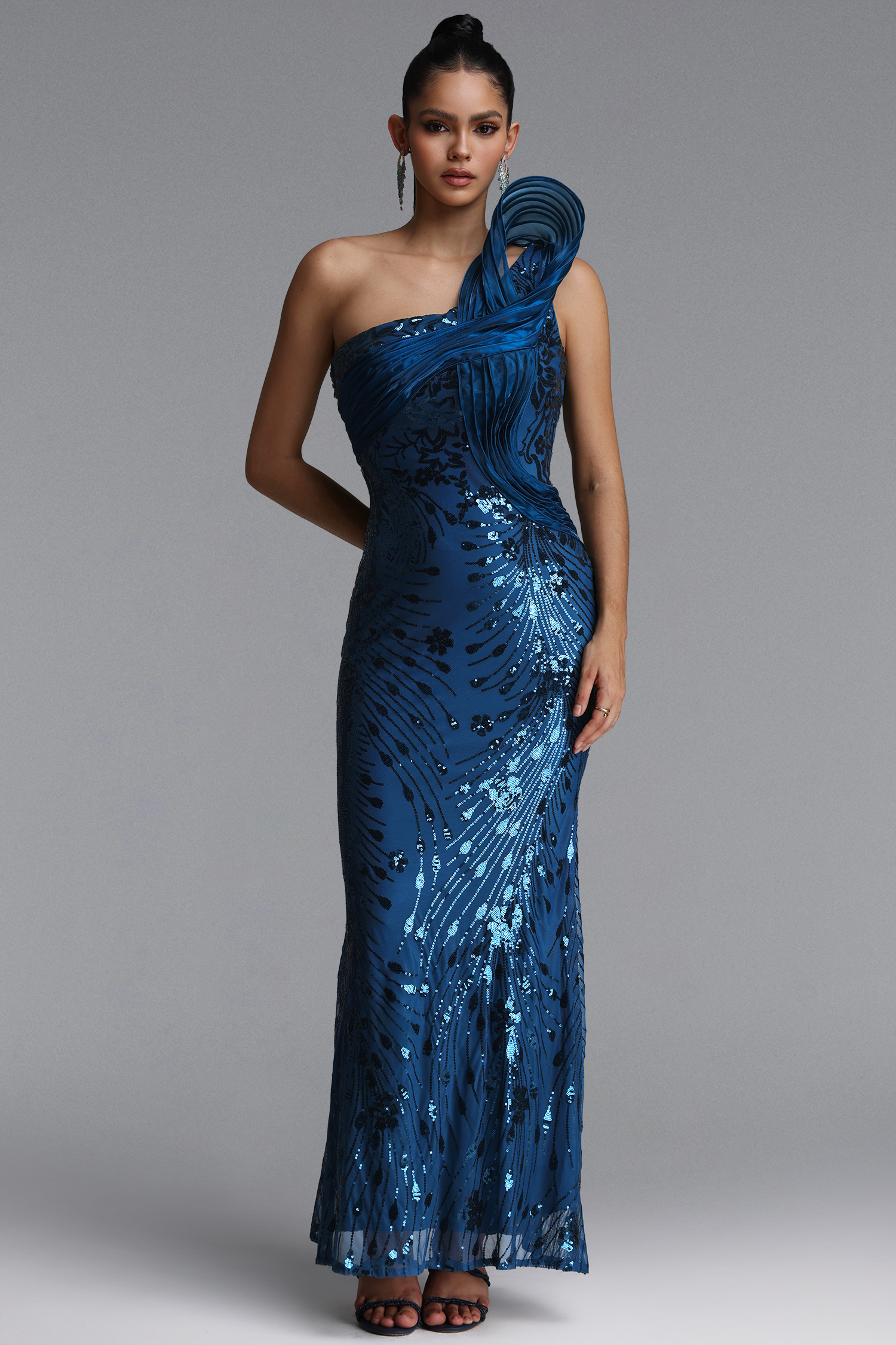 Locava Glamorous One Shoulder Twisted Draped Floral Sequin Maxi Dress