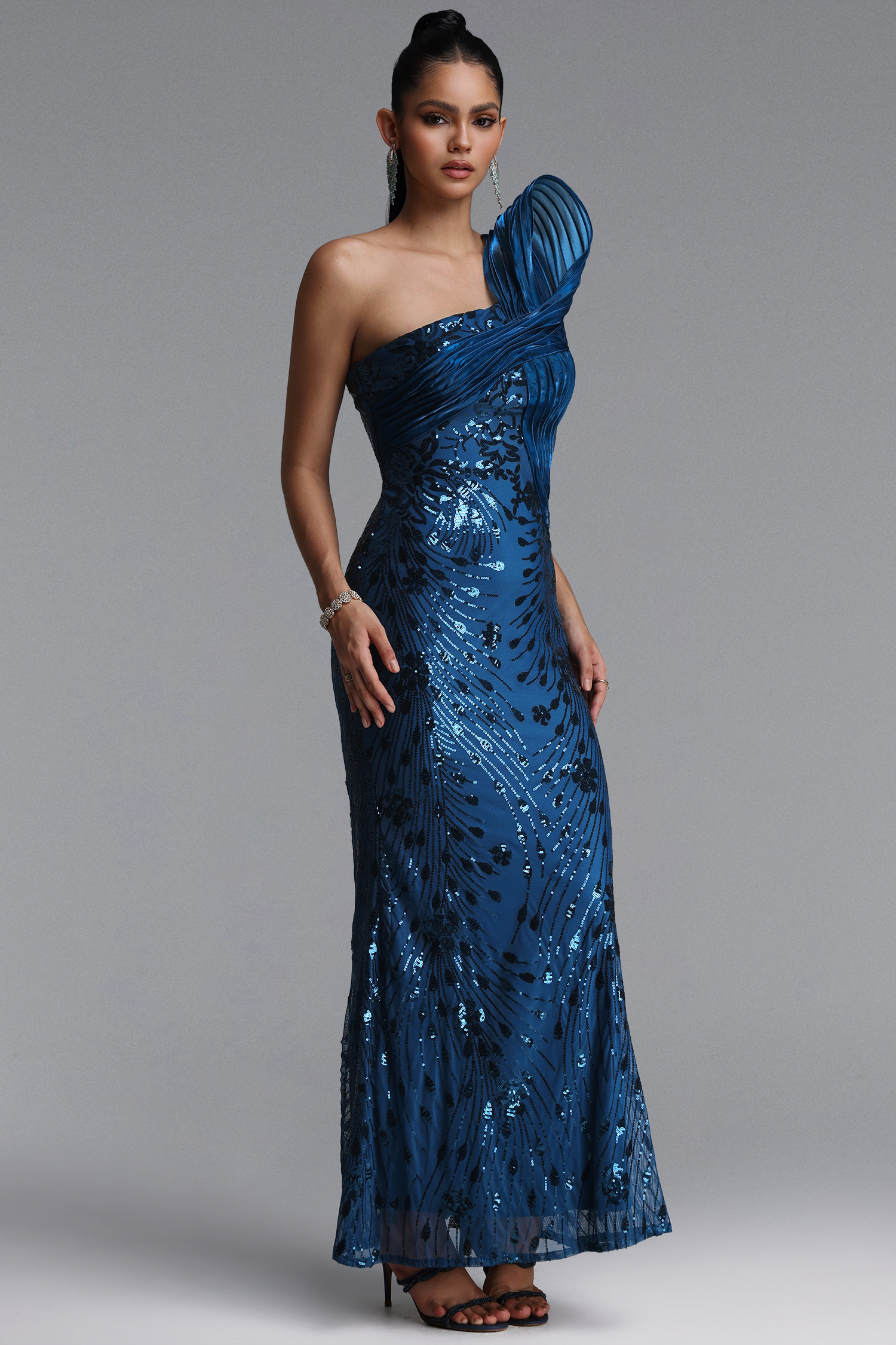 Locava Glamorous One Shoulder Twisted Draped Floral Sequin Maxi Dress