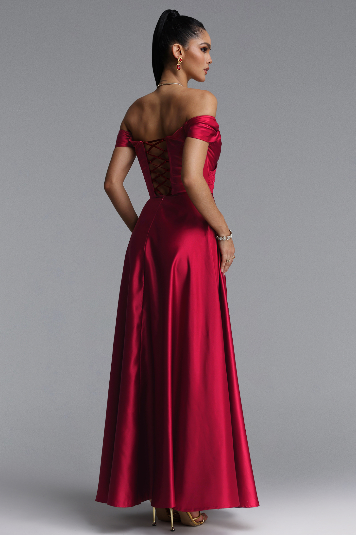 Esther Elegant Off Shoulder Strapless Ruched Slit Satin Maxi Dress