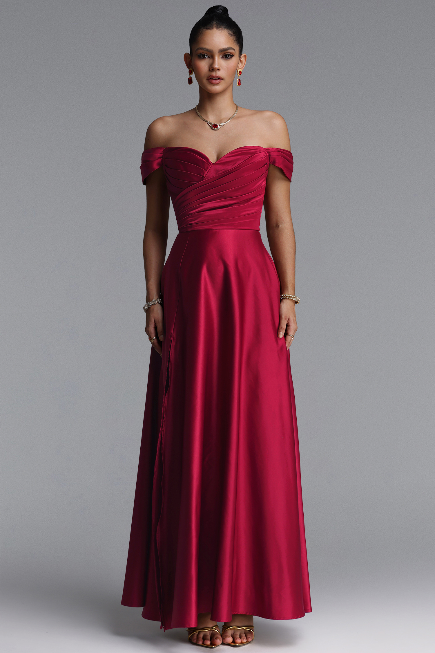 Esther Elegant Off Shoulder Strapless Ruched Slit Satin Maxi Dress