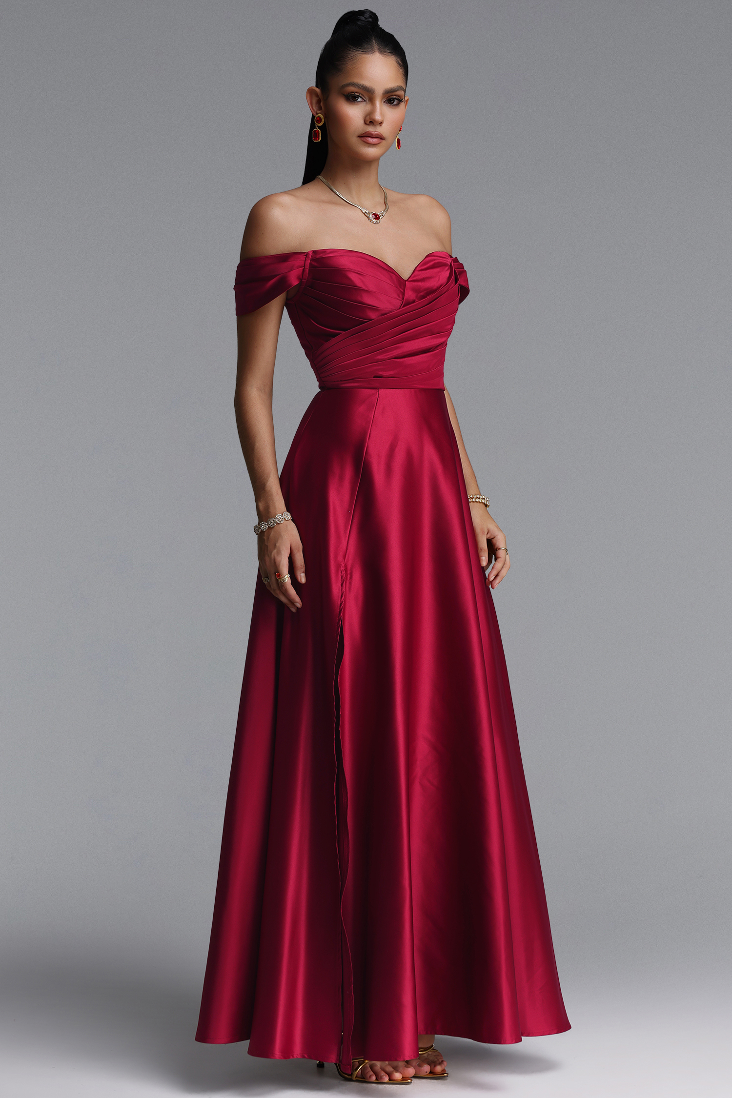 Esther Elegant Off Shoulder Strapless Ruched Slit Satin Maxi Dress