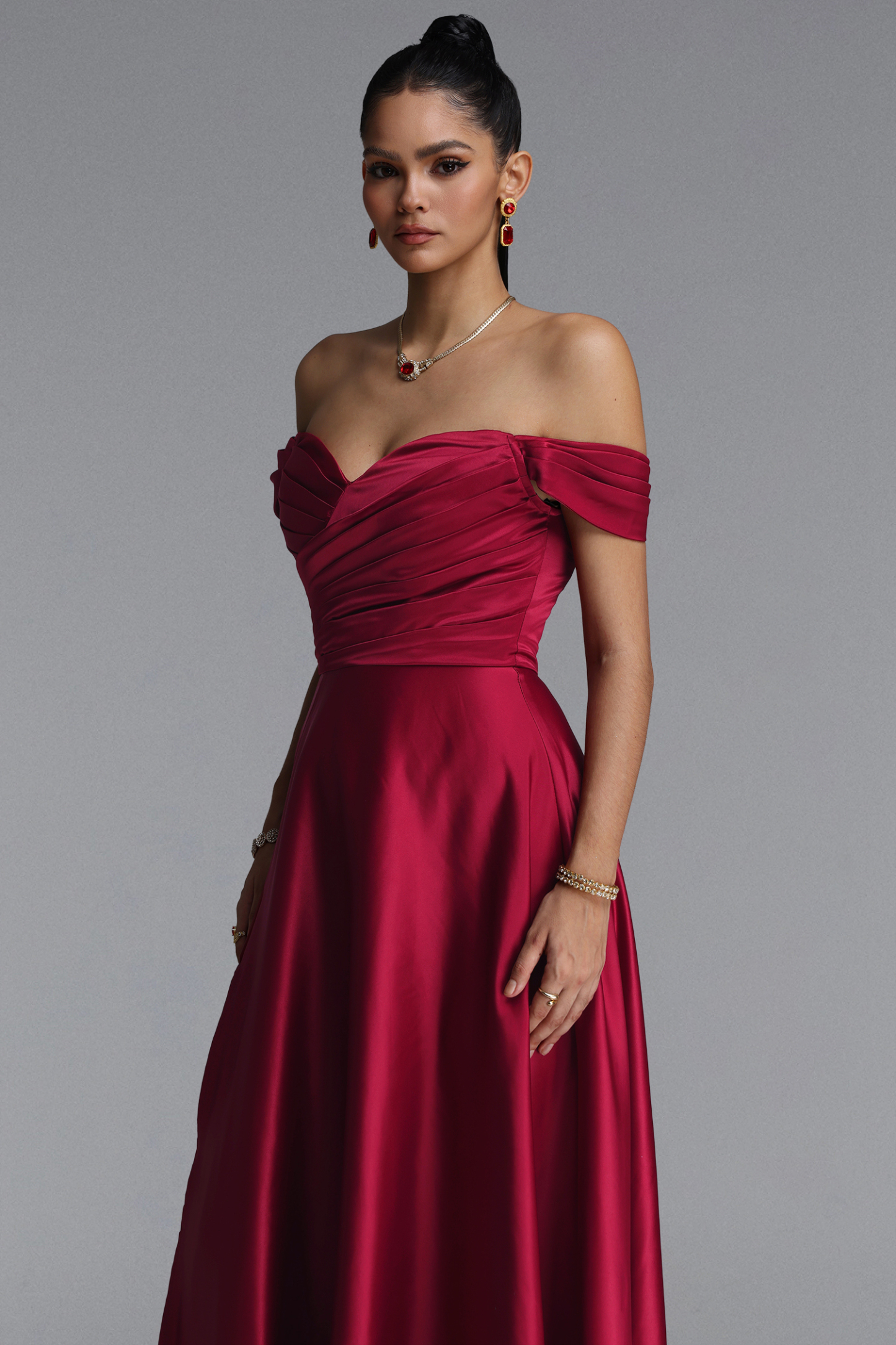 Esther Elegant Off Shoulder Strapless Ruched Slit Satin Maxi Dress