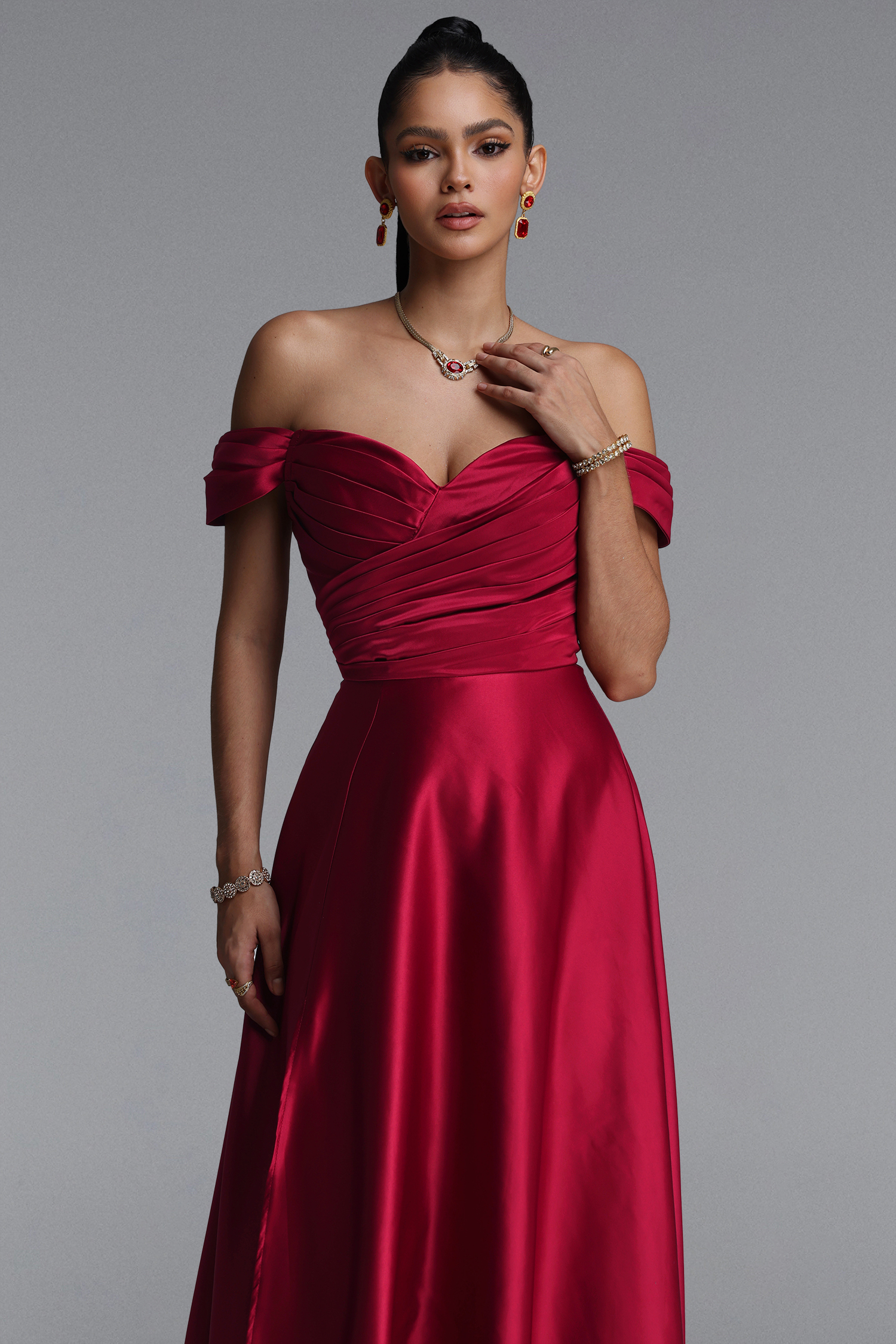 Esther Elegant Off Shoulder Strapless Ruched Slit Satin Maxi Dress