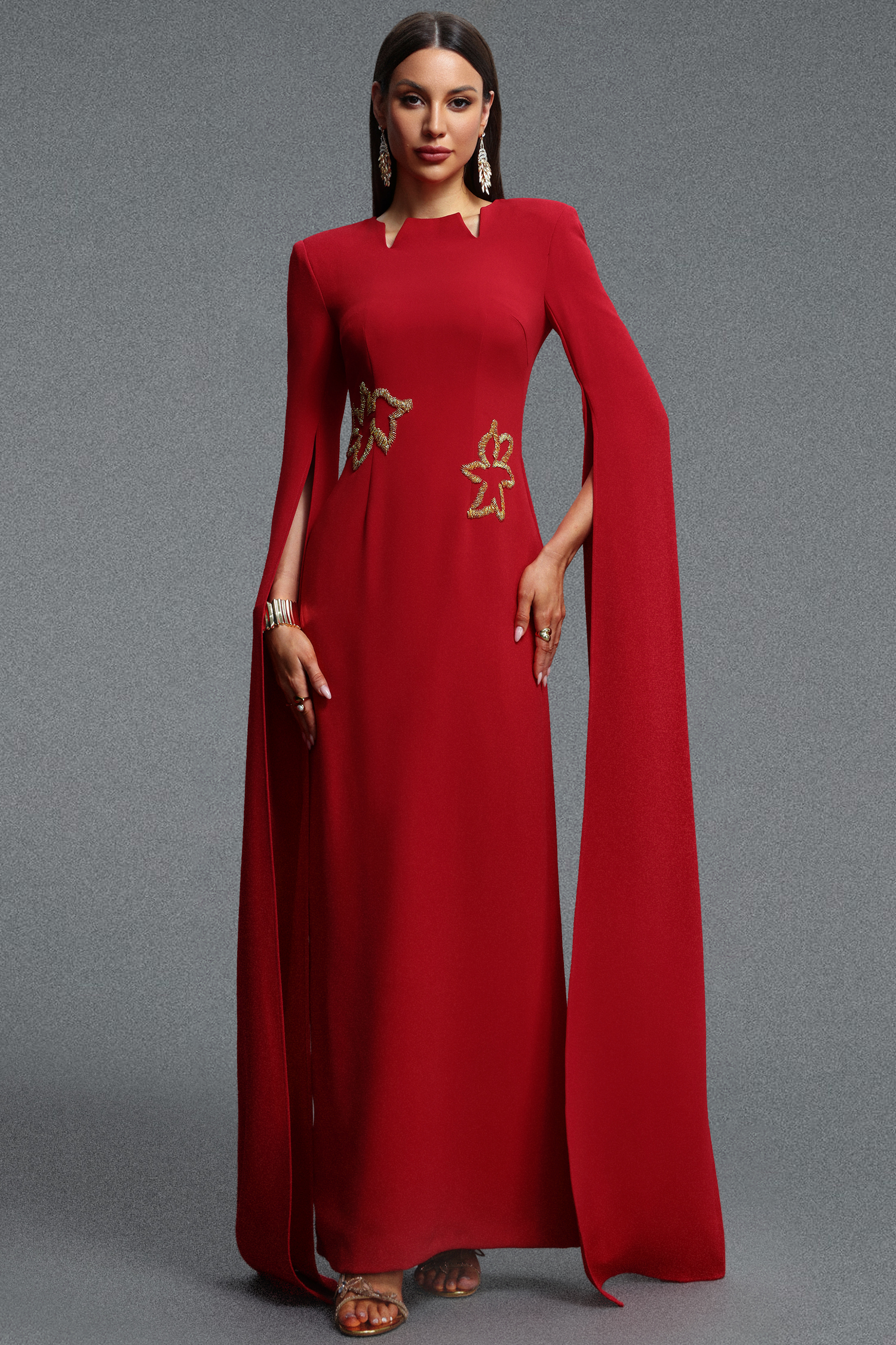 Ginny Elegant Contour Ribbon Trim Embroidered Woven Maxi Dress