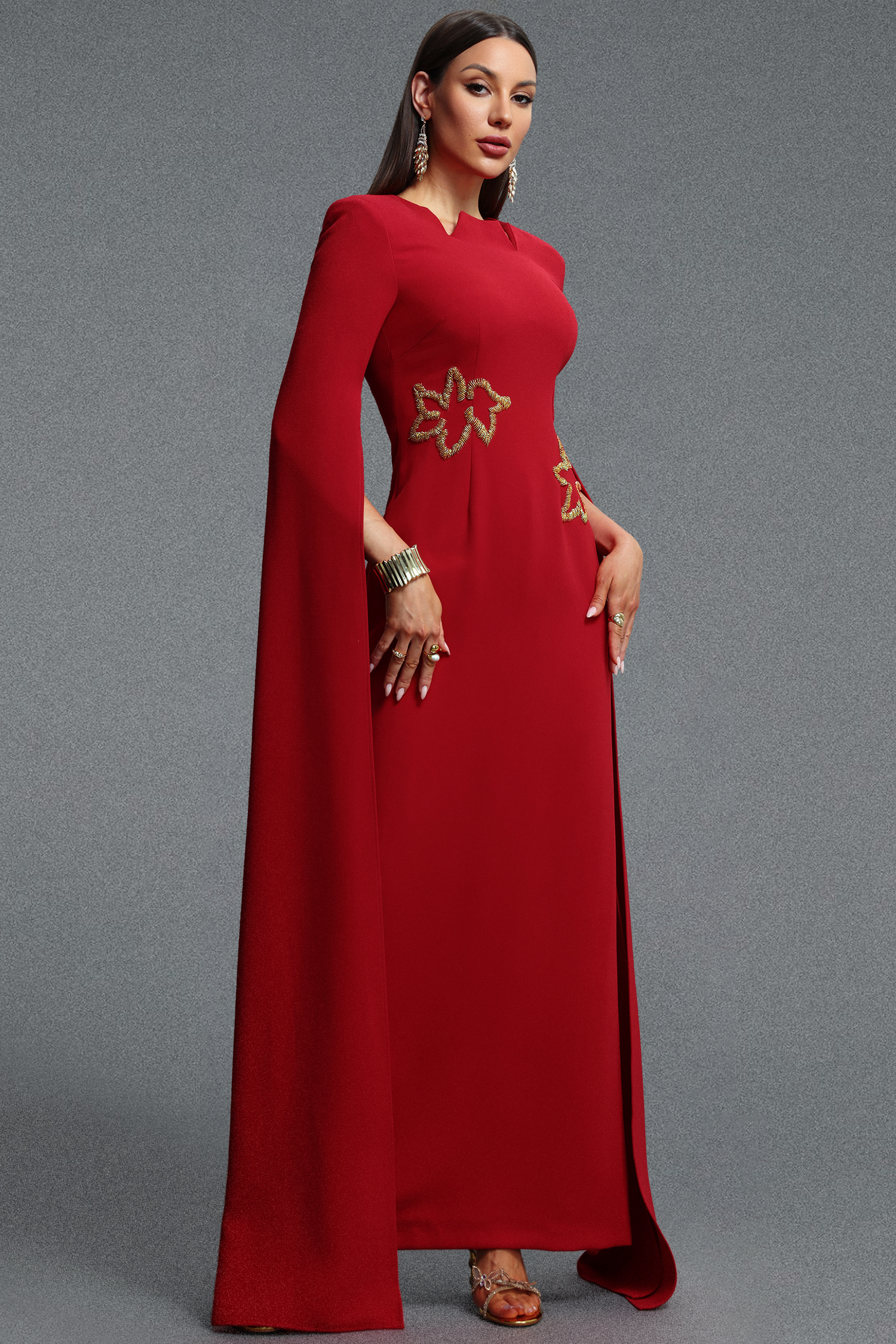 Ginny Elegant Contour Ribbon Trim Embroidered Woven Maxi Dress