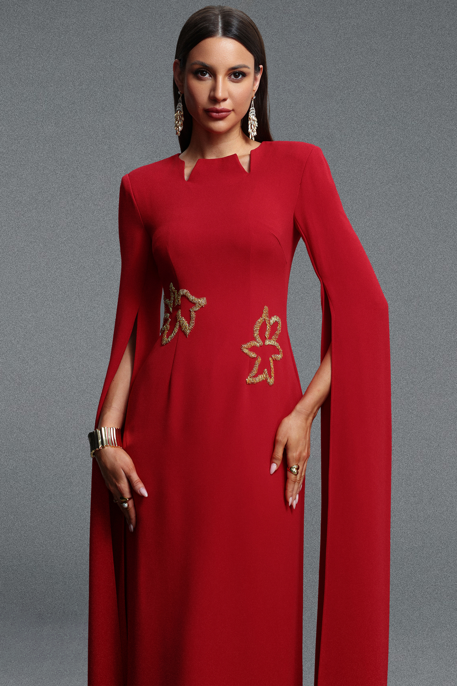 Ginny Elegant Contour Ribbon Trim Embroidered Woven Maxi Dress