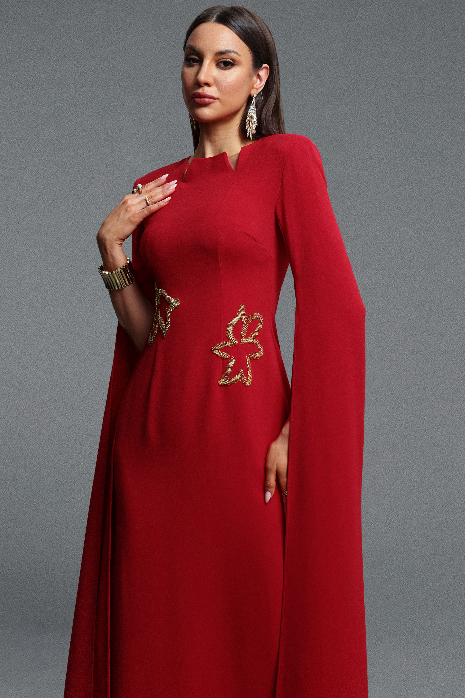 Ginny Elegant Contour Ribbon Trim Embroidered Woven Maxi Dress