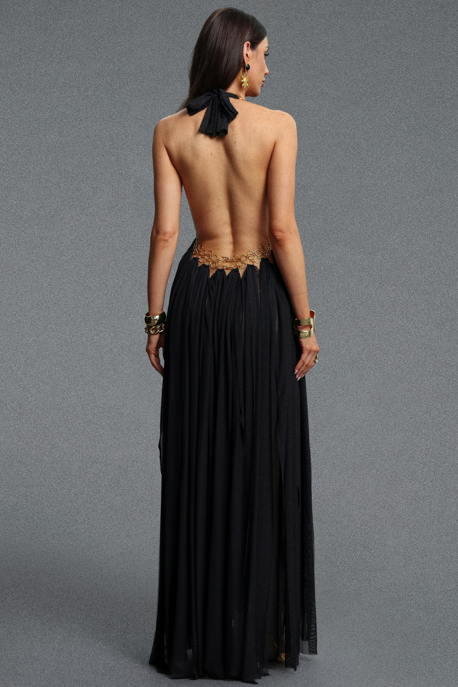 Fallon Sophisticated Cinched Waist Backless Halter Ring Metal Embellished Woven Maxi Dress