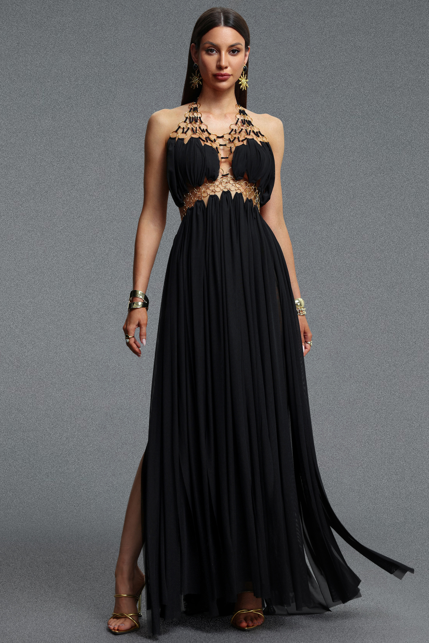 Fallon Sophisticated Cinched Waist Backless Halter Ring Metal Embellished Woven Maxi Dress