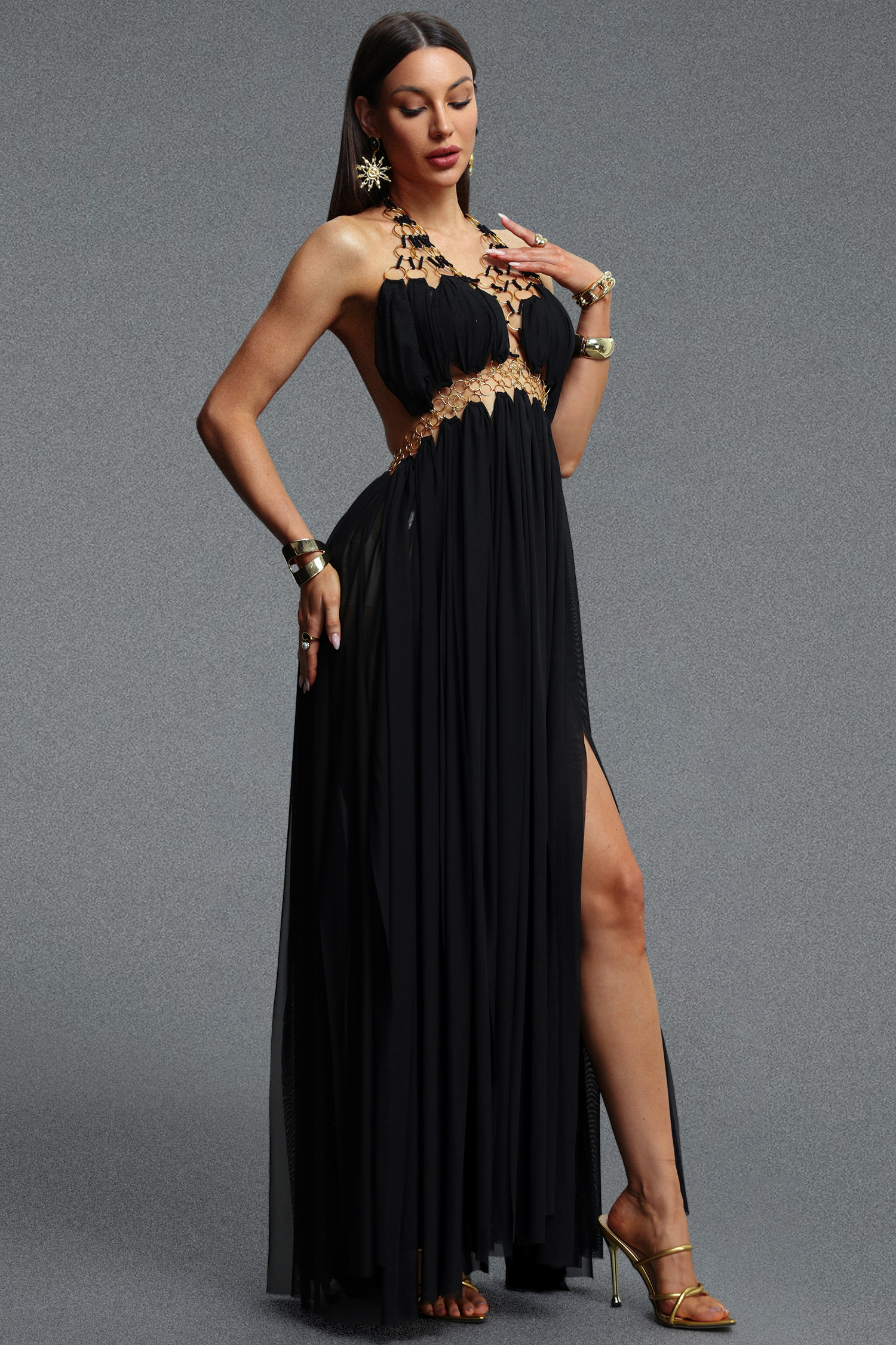Fallon Sophisticated Cinched Waist Backless Halter Ring Metal Embellished Woven Maxi Dress