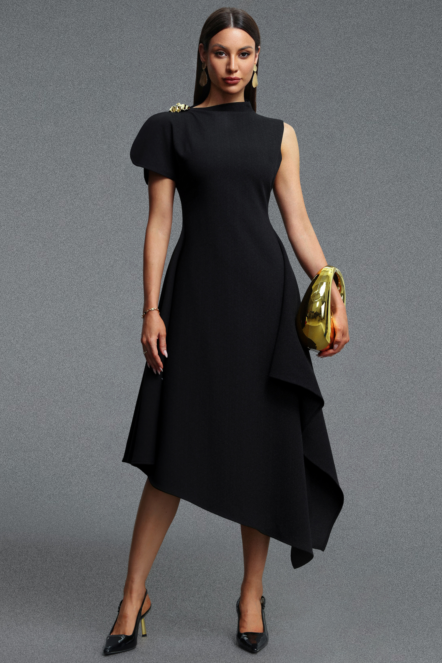 Weren Elegant Contour High Neck Asymmetric Black Maxi Dress