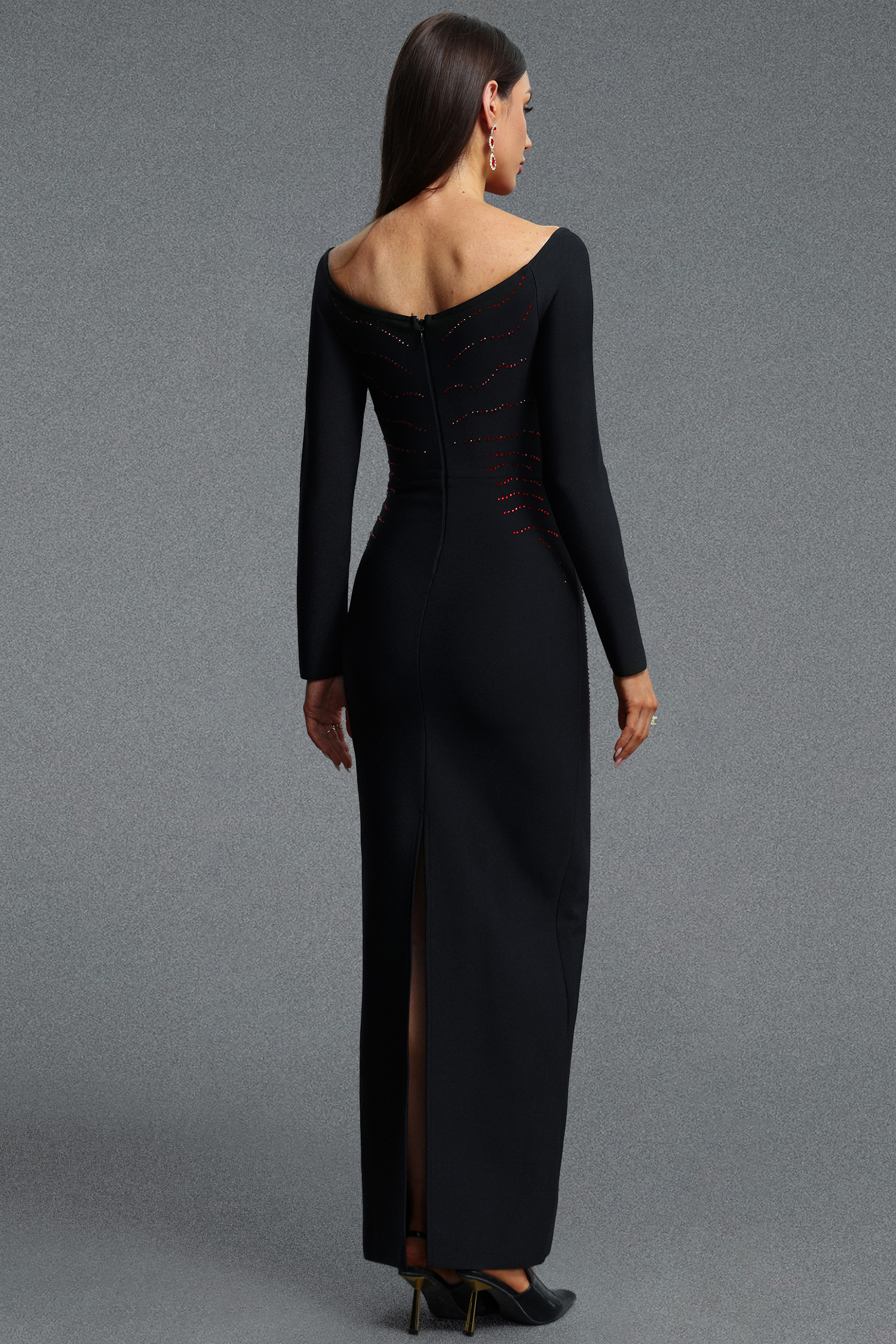 Zakana Glamorous Long Sleeve Heart Rhinestone Embellished Bandage Maxi Dress