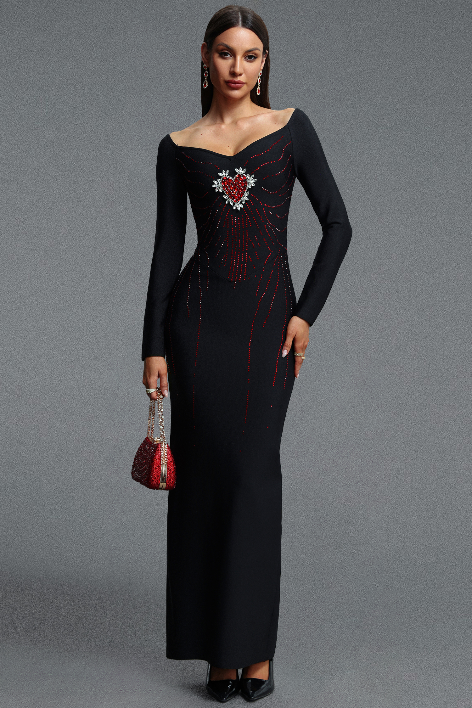 Zakana Glamorous Long Sleeve Heart Rhinestone Embellished Bandage Maxi Dress