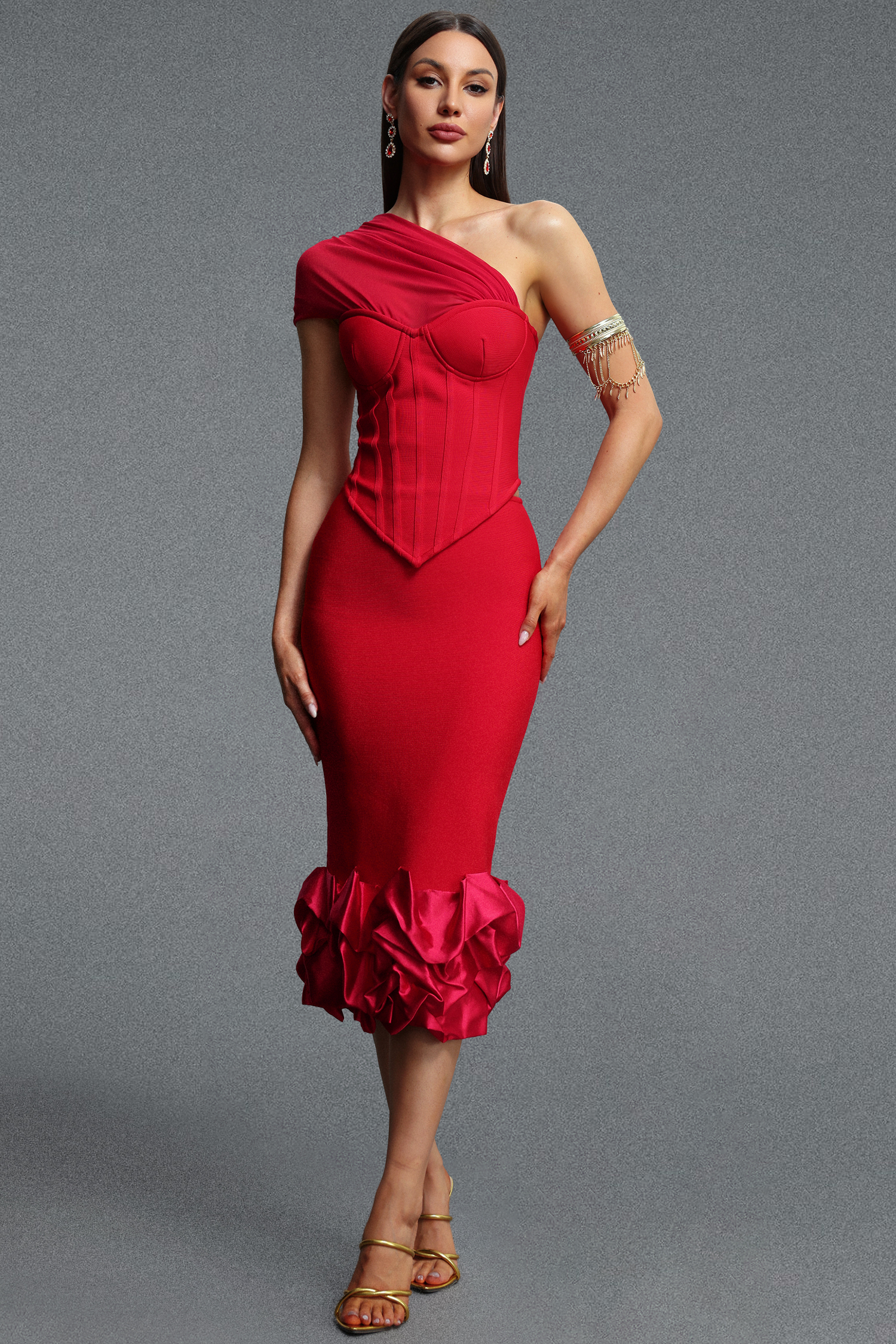Kirara Elegant Cinched Waist One Shoulder Top and Ruched Detail Bandage Skirt Set