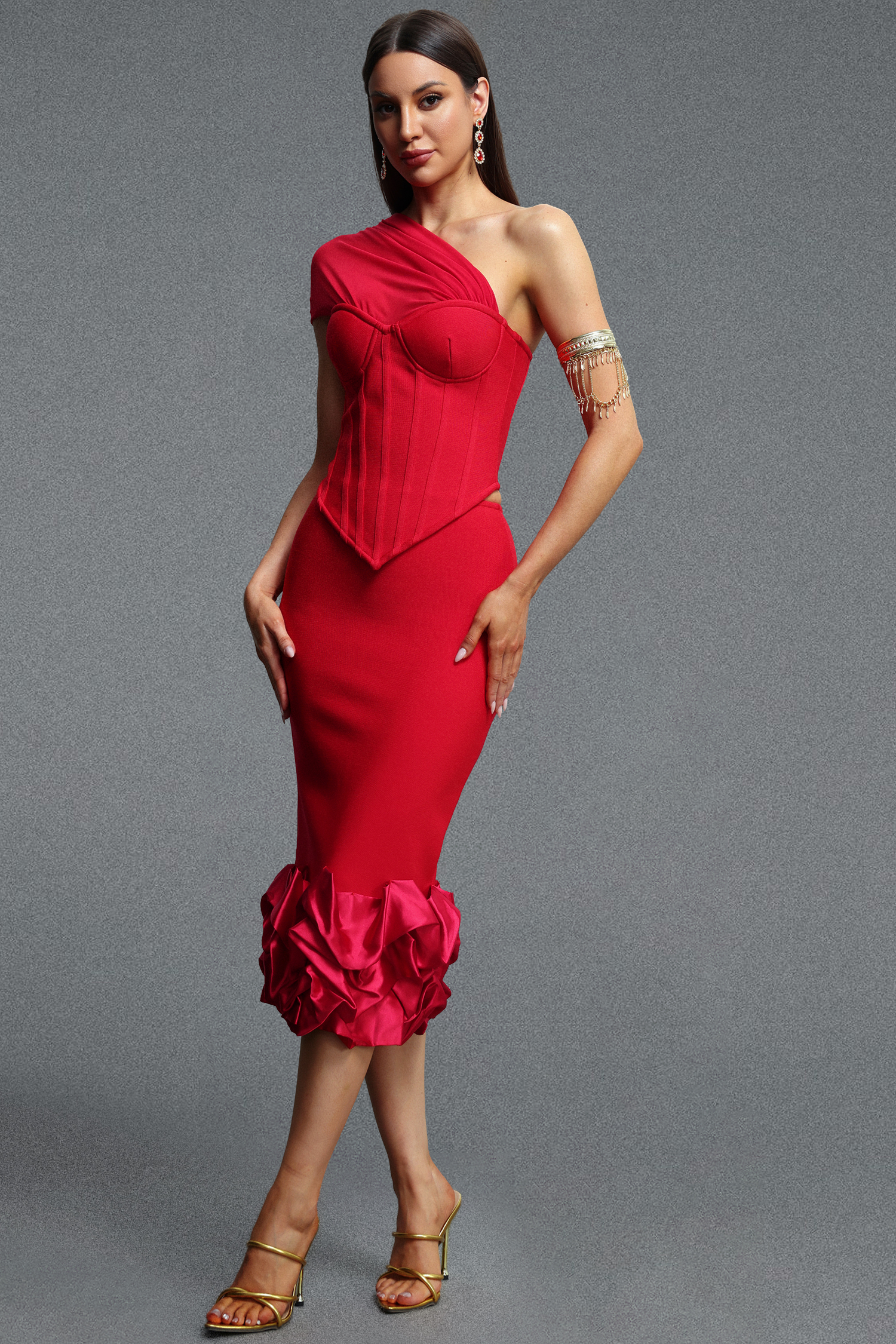 Kirara Elegant Cinched Waist One Shoulder Top and Ruched Detail Bandage Skirt Set