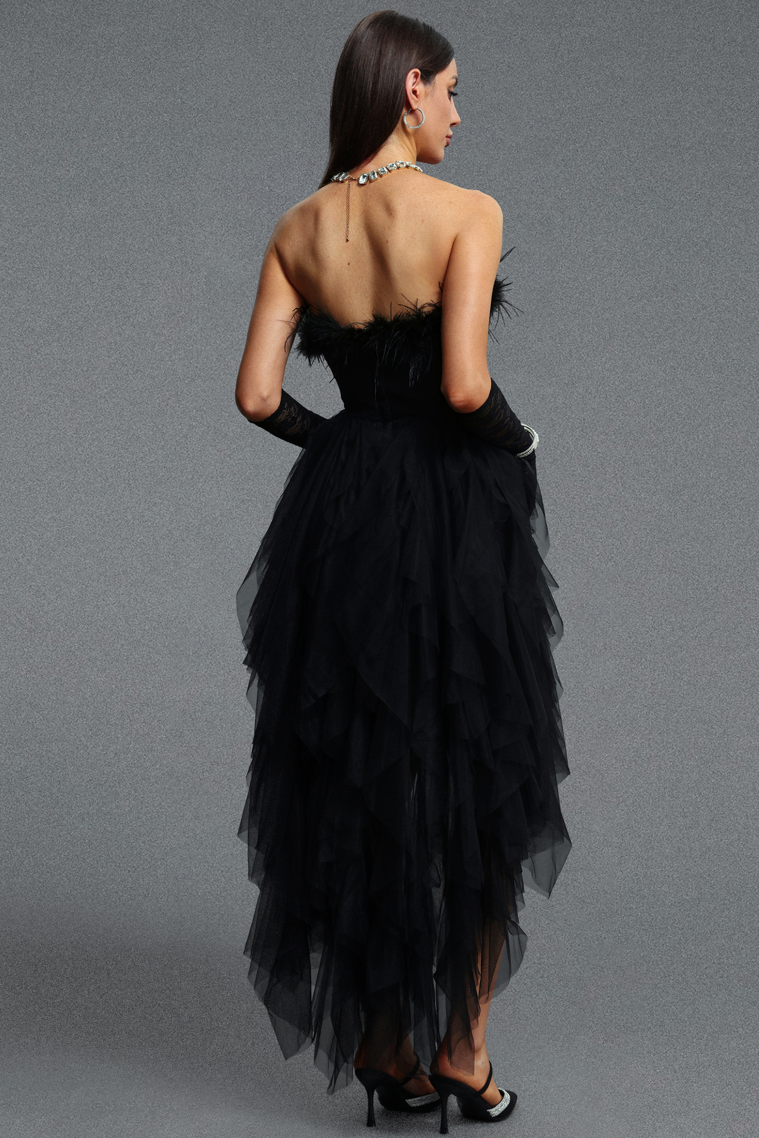 Ezra Sophisticated Cinched Waist Sequin Embroidered Feather Layered Tulle Midi Dress