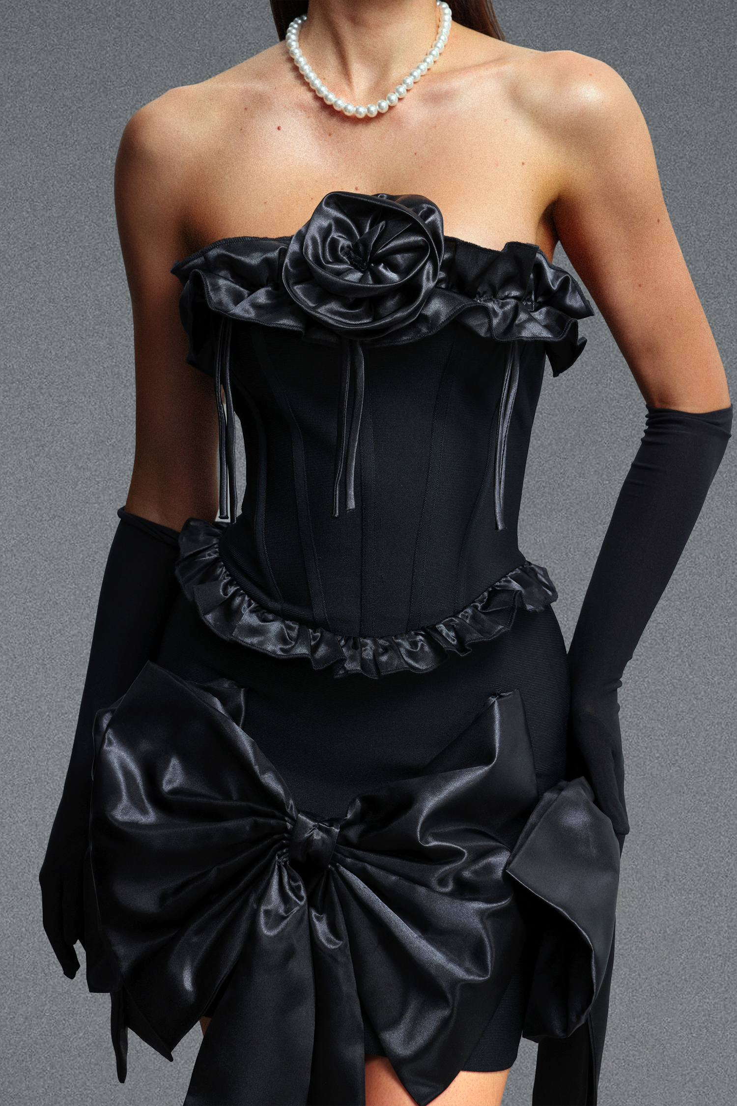 Lexy Sweet Cinched Waist Strapless Bow Floral Bandage Mini Dress
