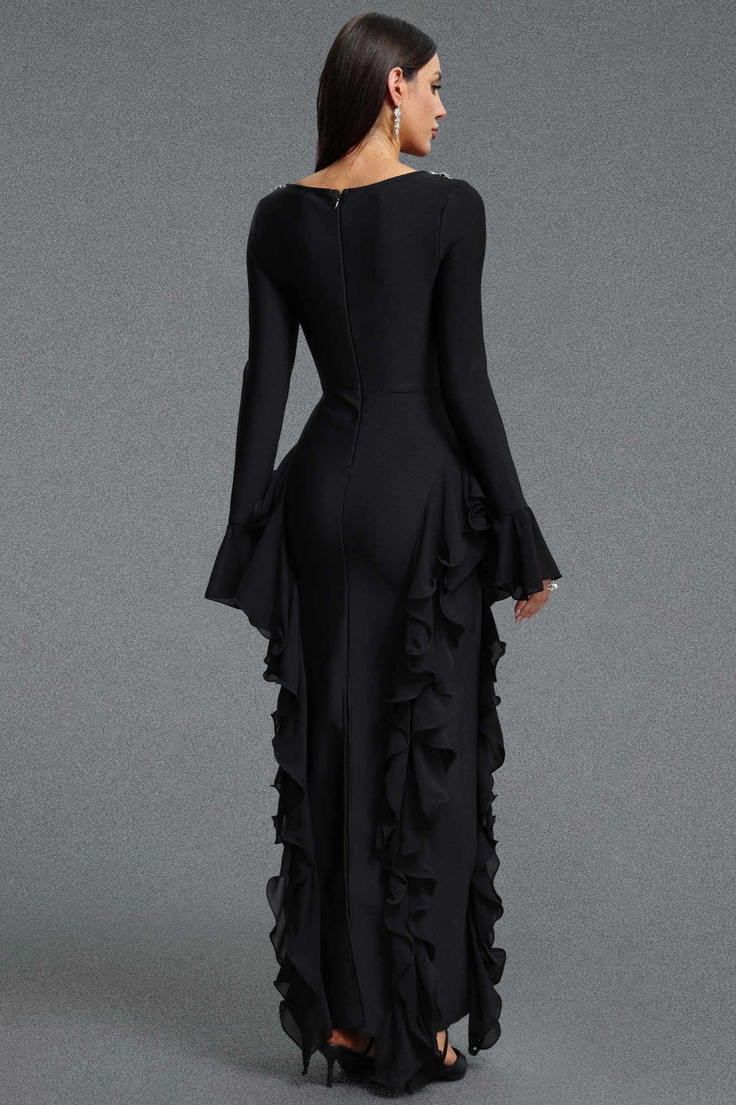 Mavis Elegant Luxurious Square Neck Long Sleeve Rhinestone Embellished Ruffle Bandage Maxi Dress