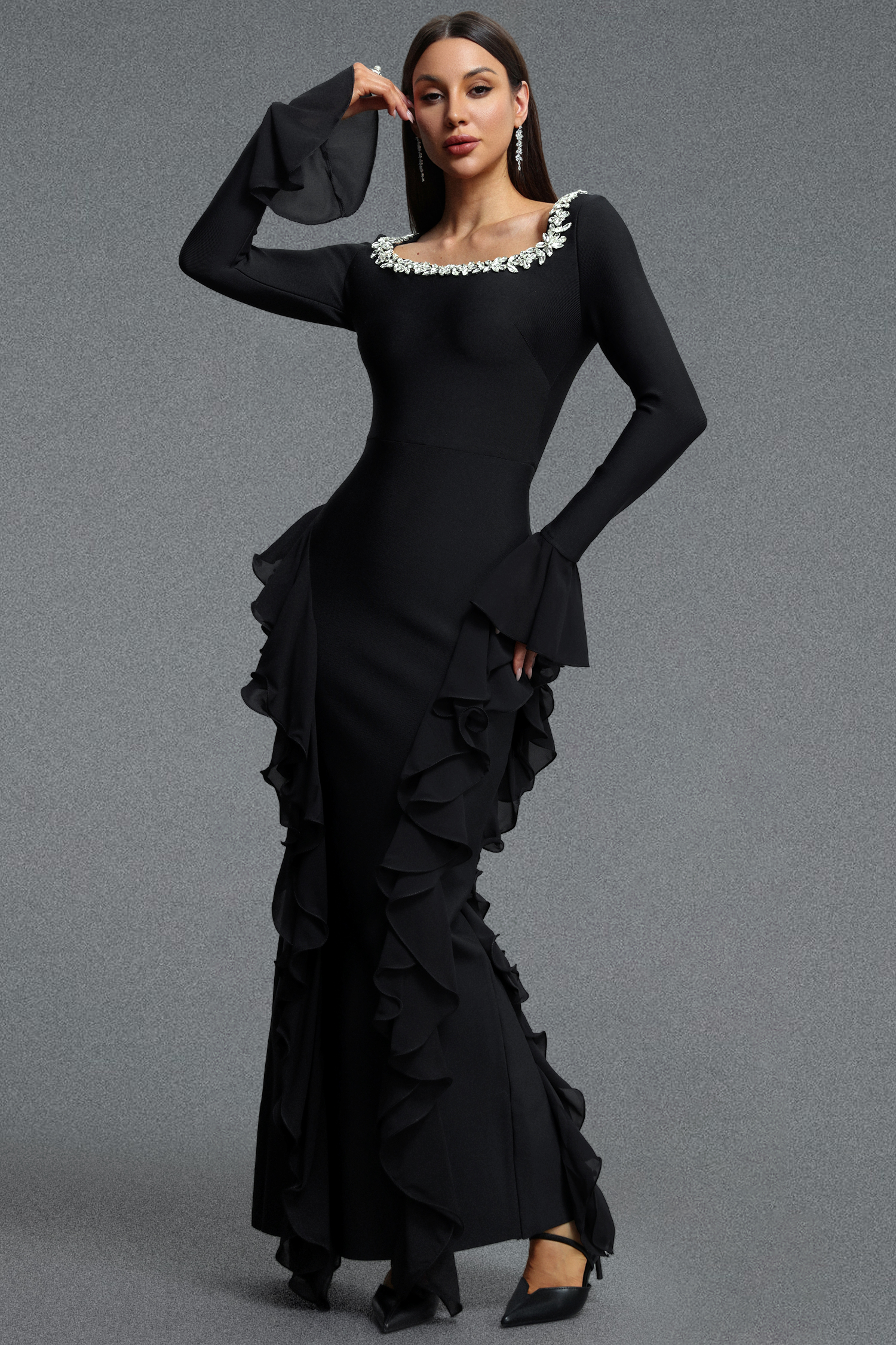 Mavis Elegant Luxurious Square Neck Long Sleeve Rhinestone Embellished Ruffle Bandage Maxi Dress