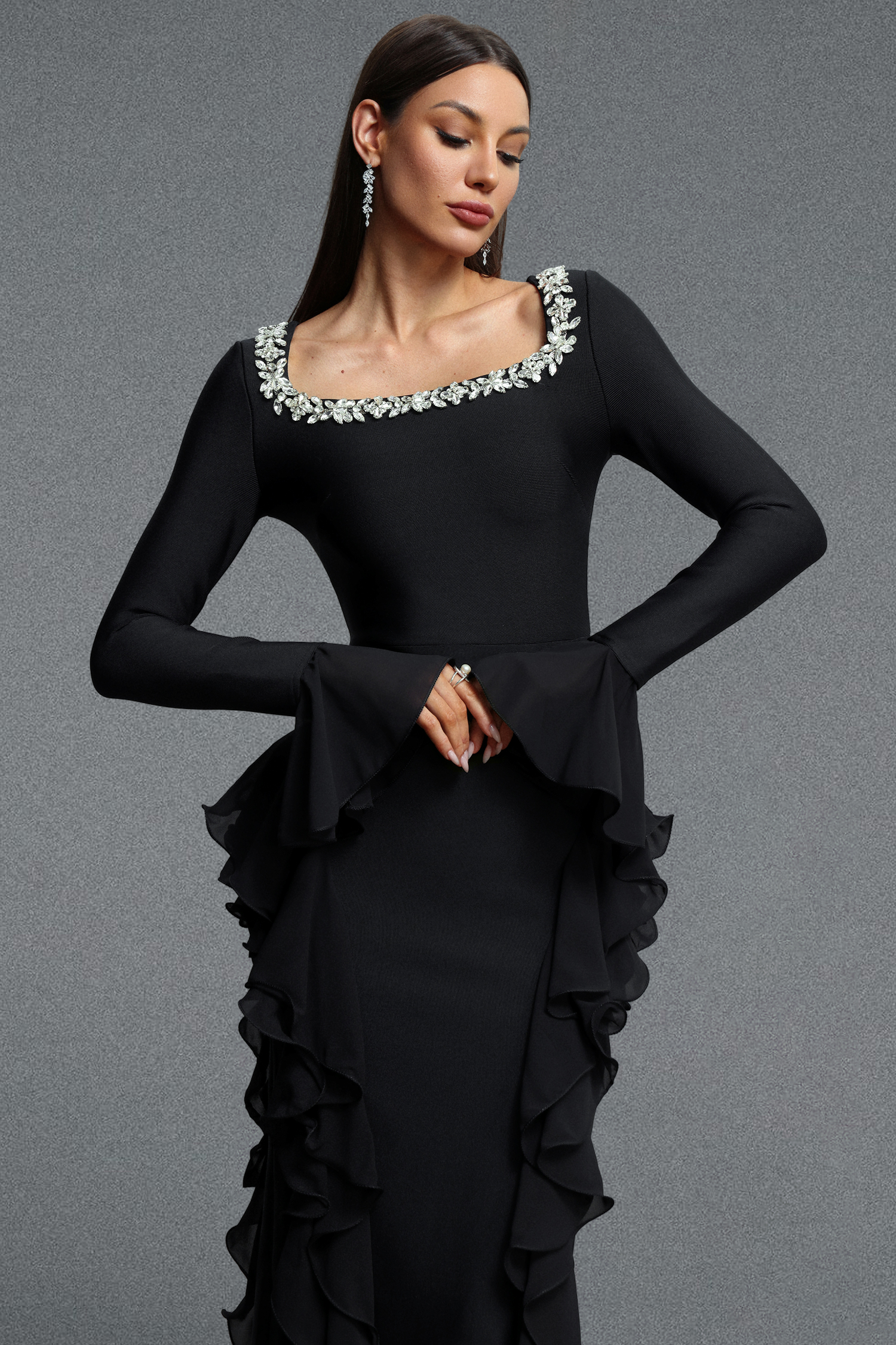 Mavis Elegant Luxurious Square Neck Long Sleeve Rhinestone Embellished Ruffle Bandage Maxi Dress