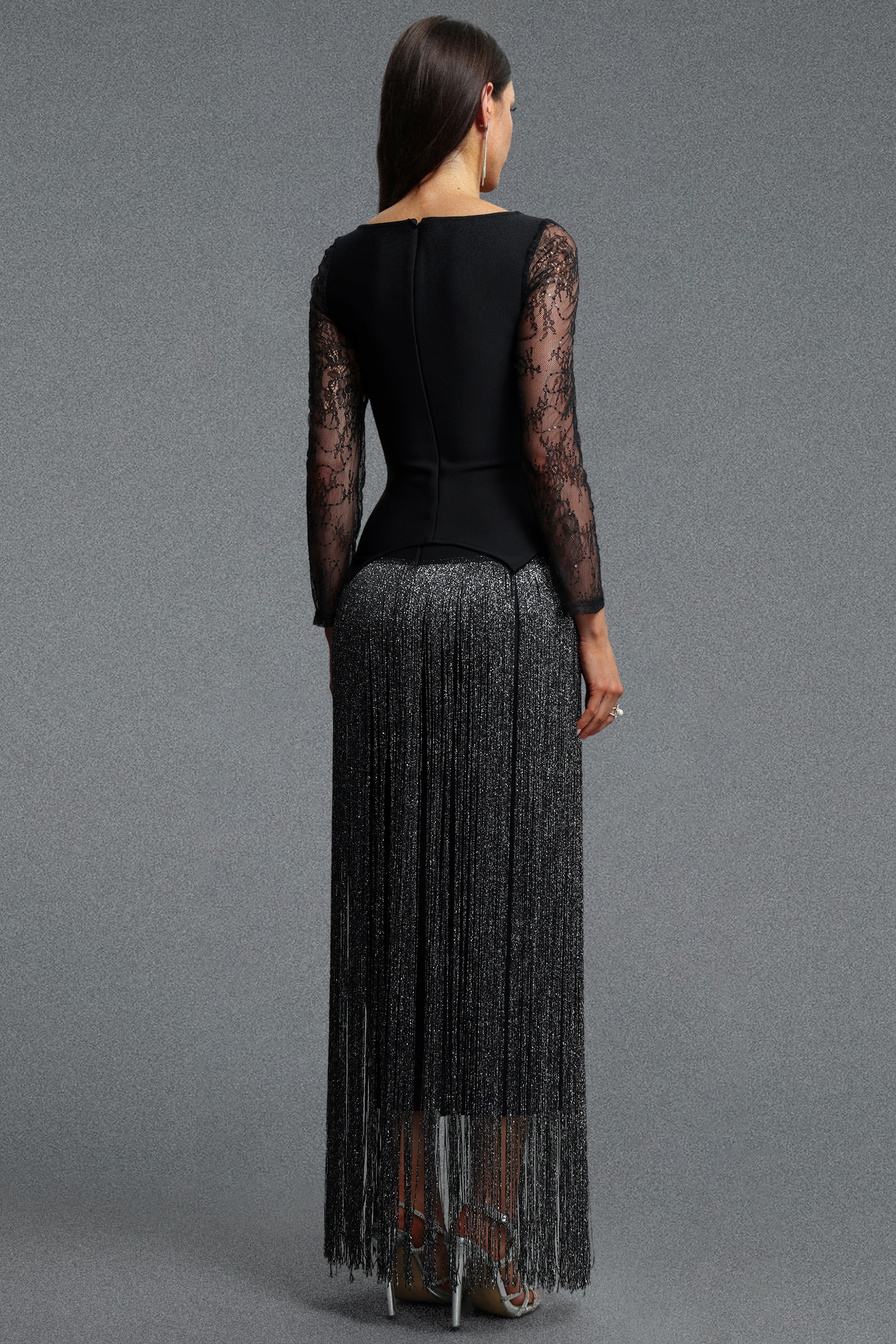 Eudase Elegant Luxurious Square Neck Lace Long Sleeve Top and Tassel Skirt Set