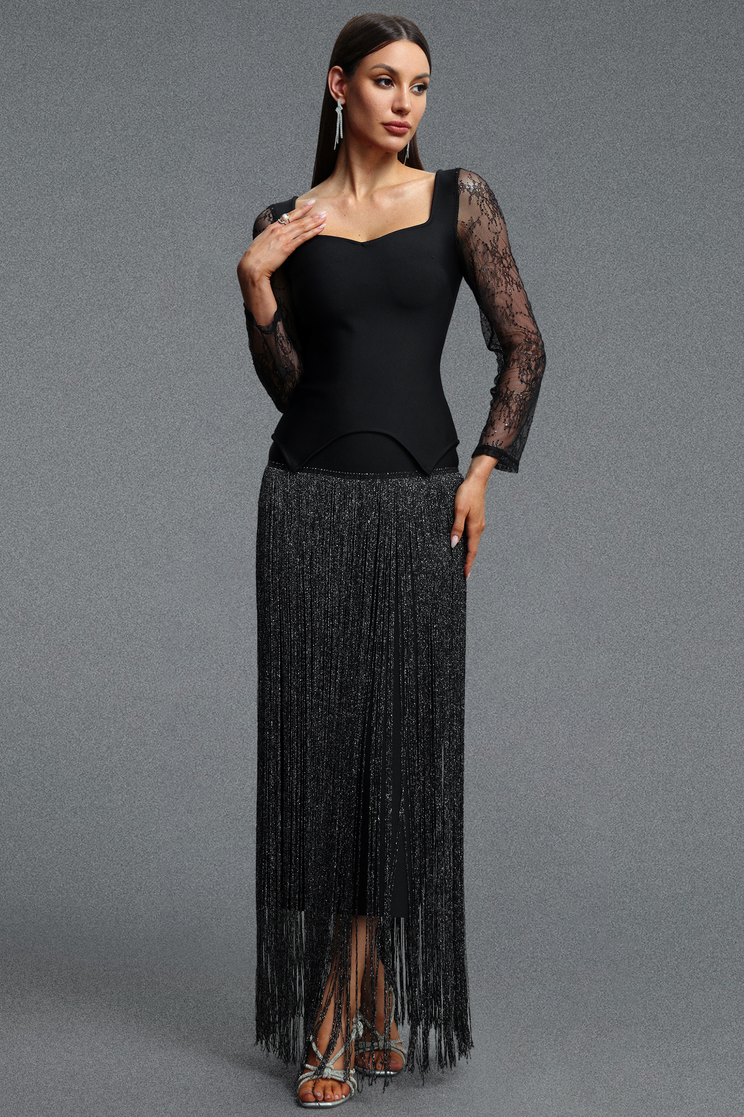 Eudase Elegant Luxurious Square Neck Lace Long Sleeve Top and Tassel Skirt Set