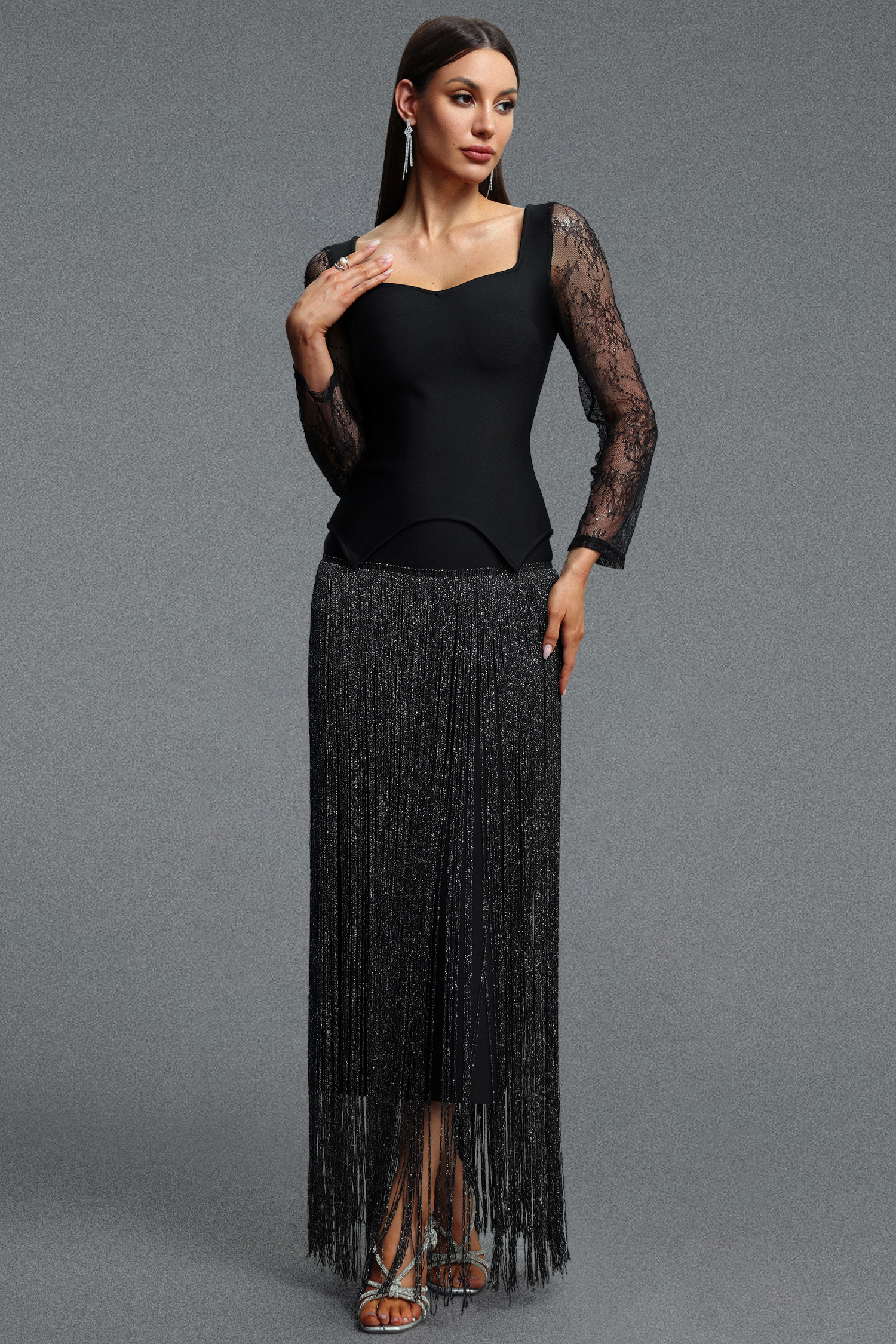 Eudase Elegant Luxurious Square Neck Lace Long Sleeve Top and Tassel Skirt Set