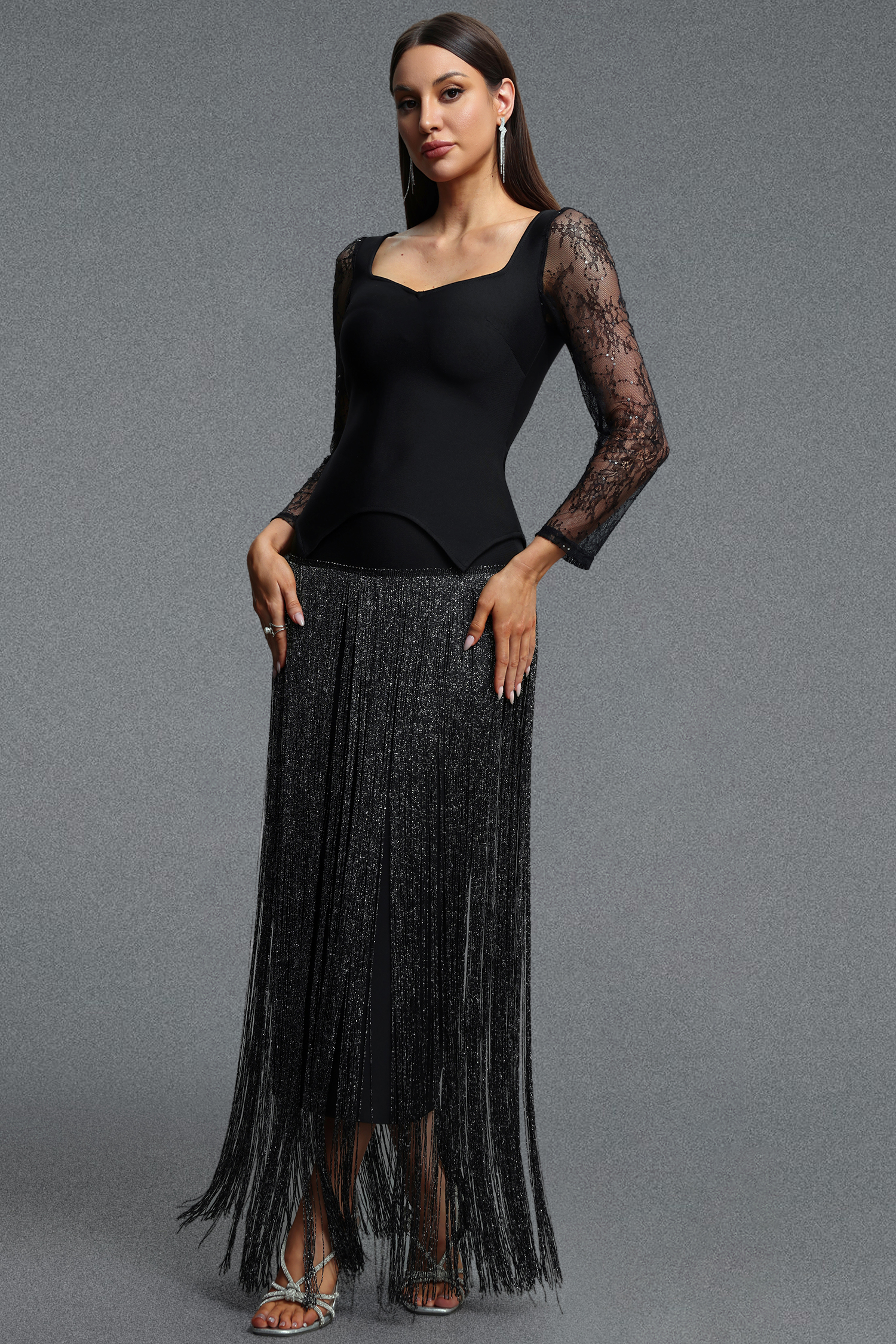Eudase Elegant Luxurious Square Neck Lace Long Sleeve Top and Tassel Skirt Set