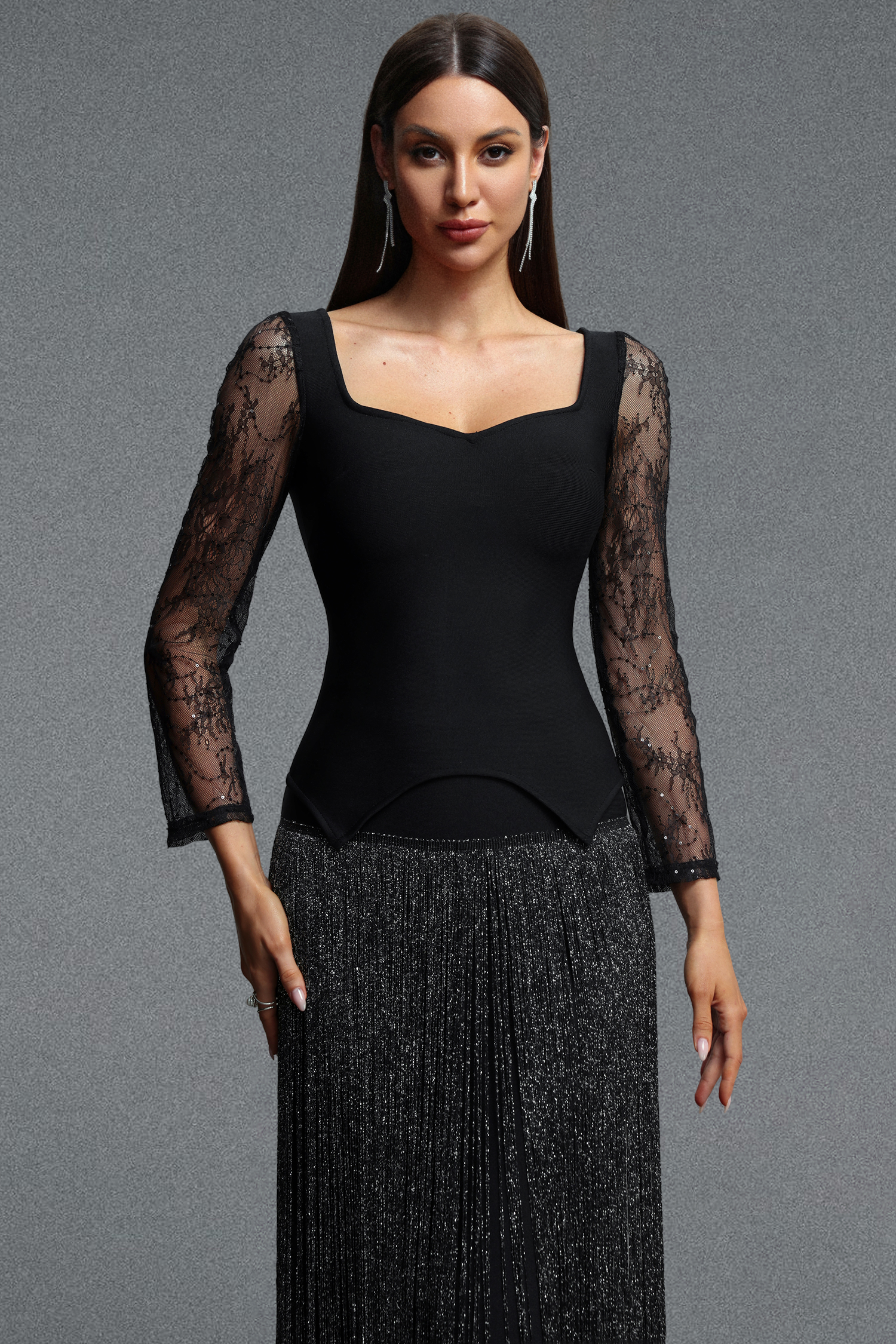 Eudase Elegant Luxurious Square Neck Lace Long Sleeve Top and Tassel Skirt Set
