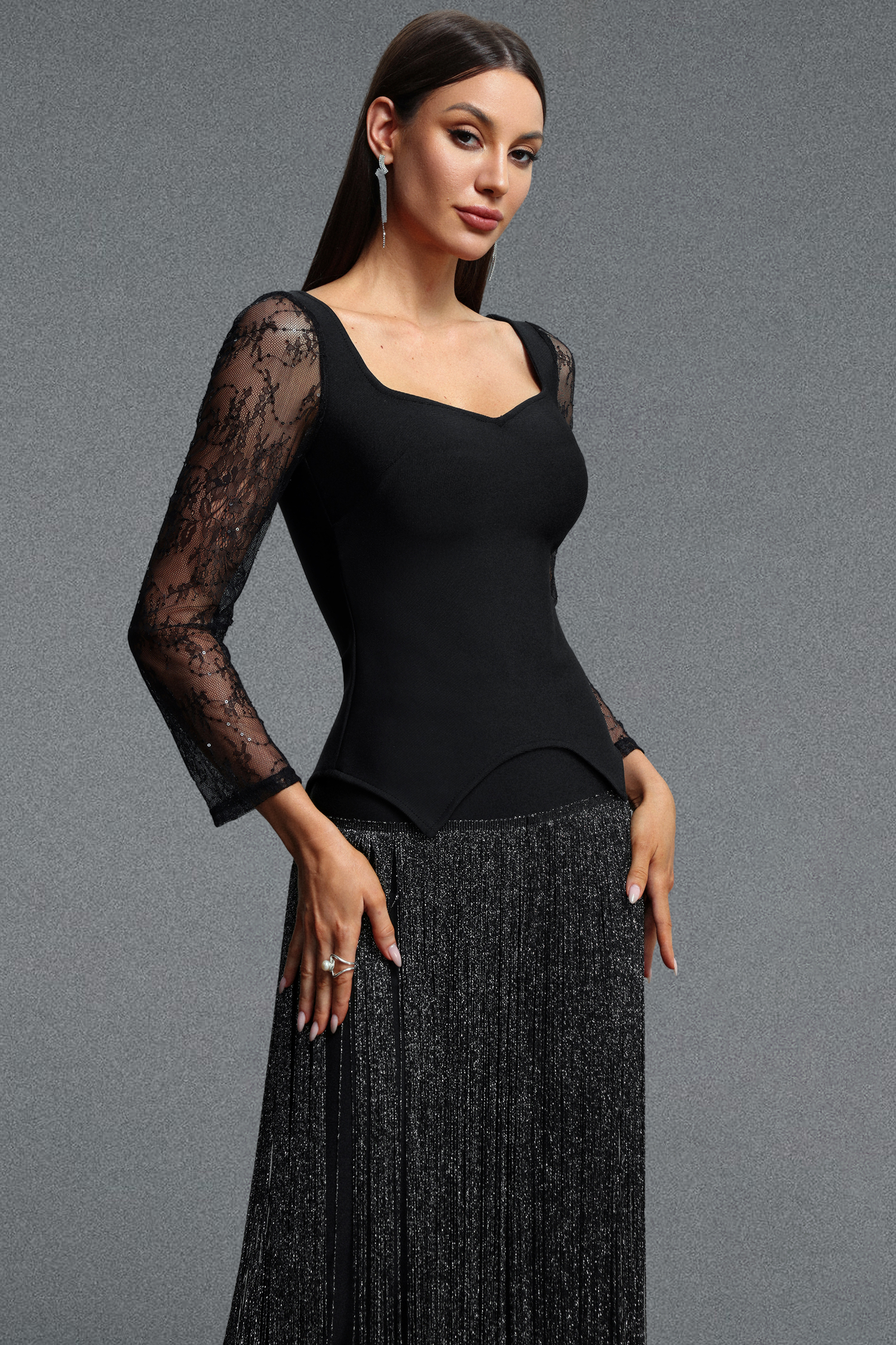 Eudase Elegant Luxurious Square Neck Lace Long Sleeve Top and Tassel Skirt Set