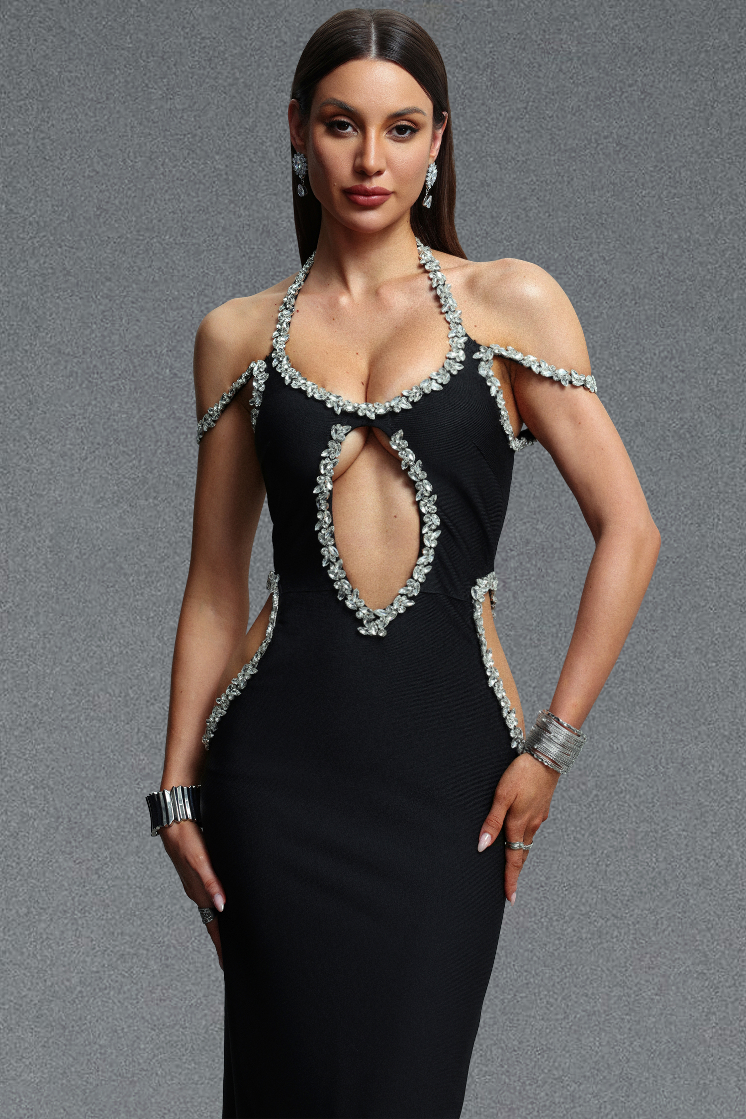 Viki Glamorous Contour Cut Out Rhinestone Embellished Bandage Maxi Dress