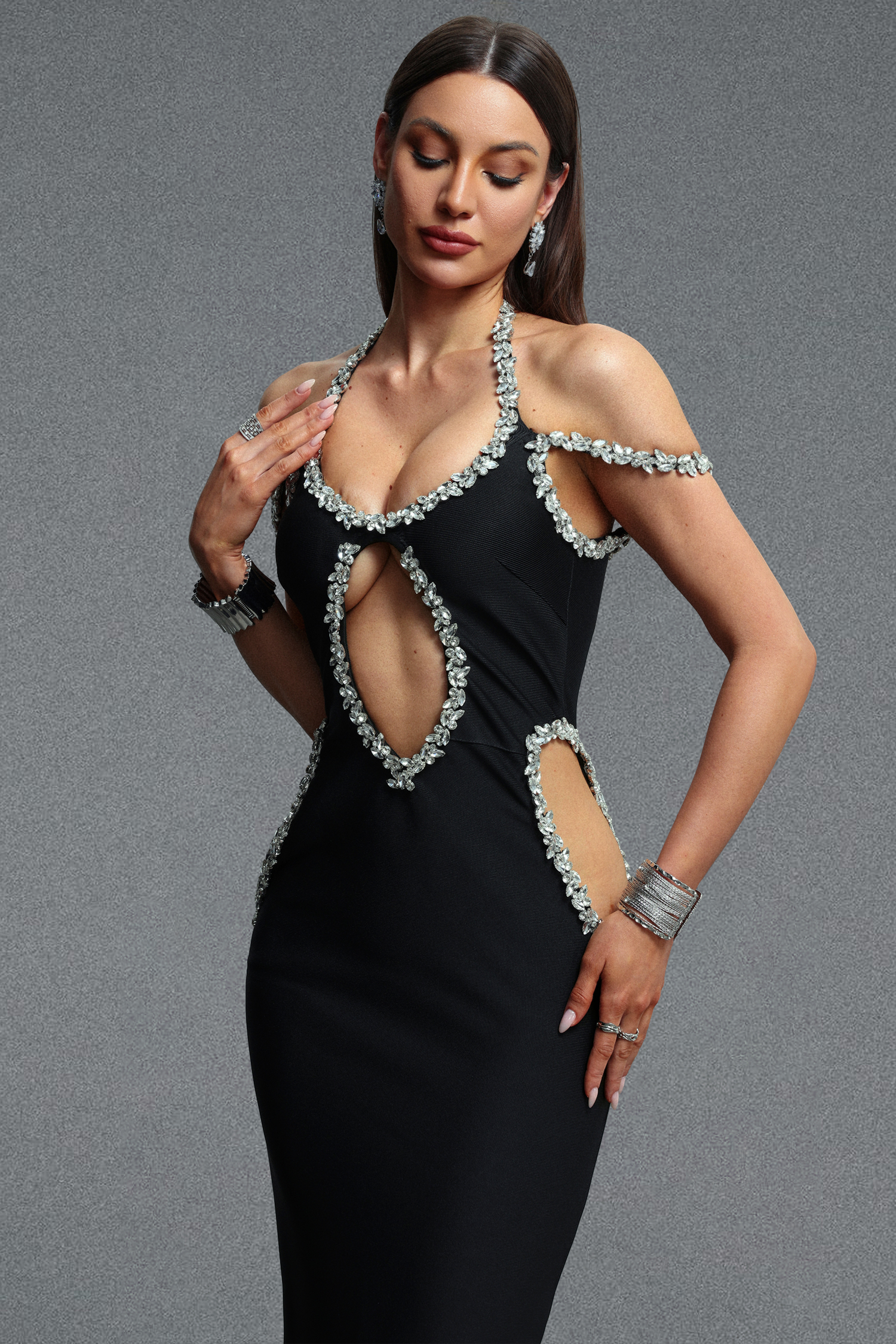Viki Glamorous Contour Cut Out Rhinestone Embellished Bandage Maxi Dress