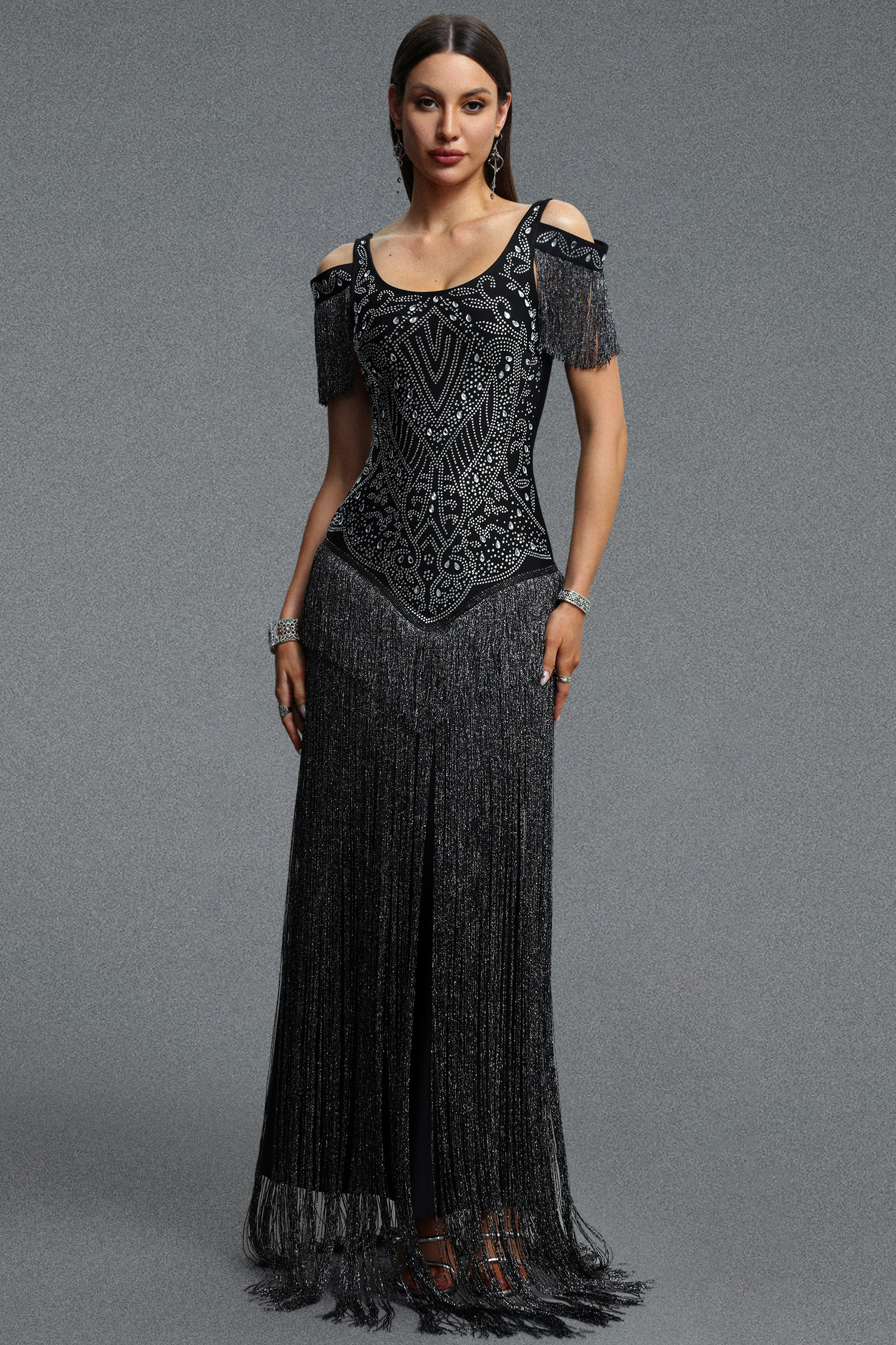Megan Glamorous Contour Rhinestone Embellished Tassel Bandage Maxi Dress