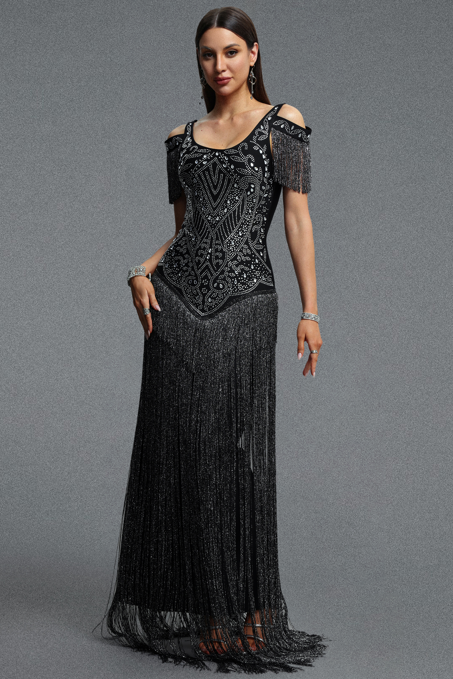 Megan Glamorous Contour Rhinestone Embellished Tassel Bandage Maxi Dress