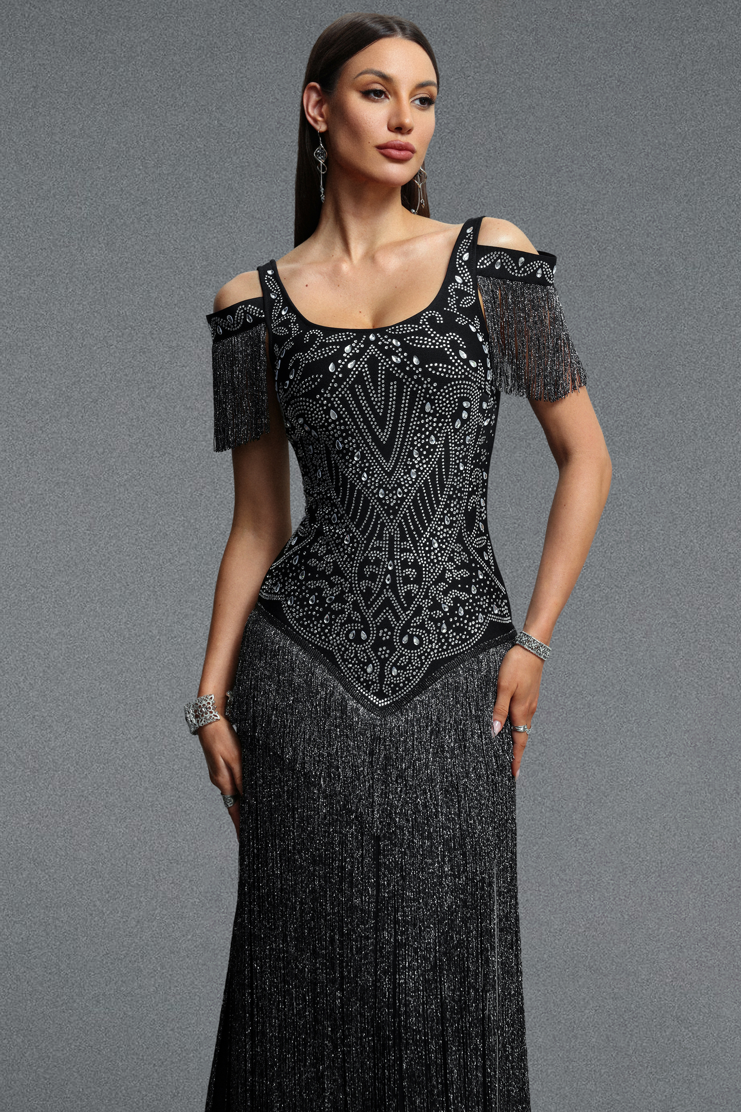 Megan Glamorous Contour Rhinestone Embellished Tassel Bandage Maxi Dress