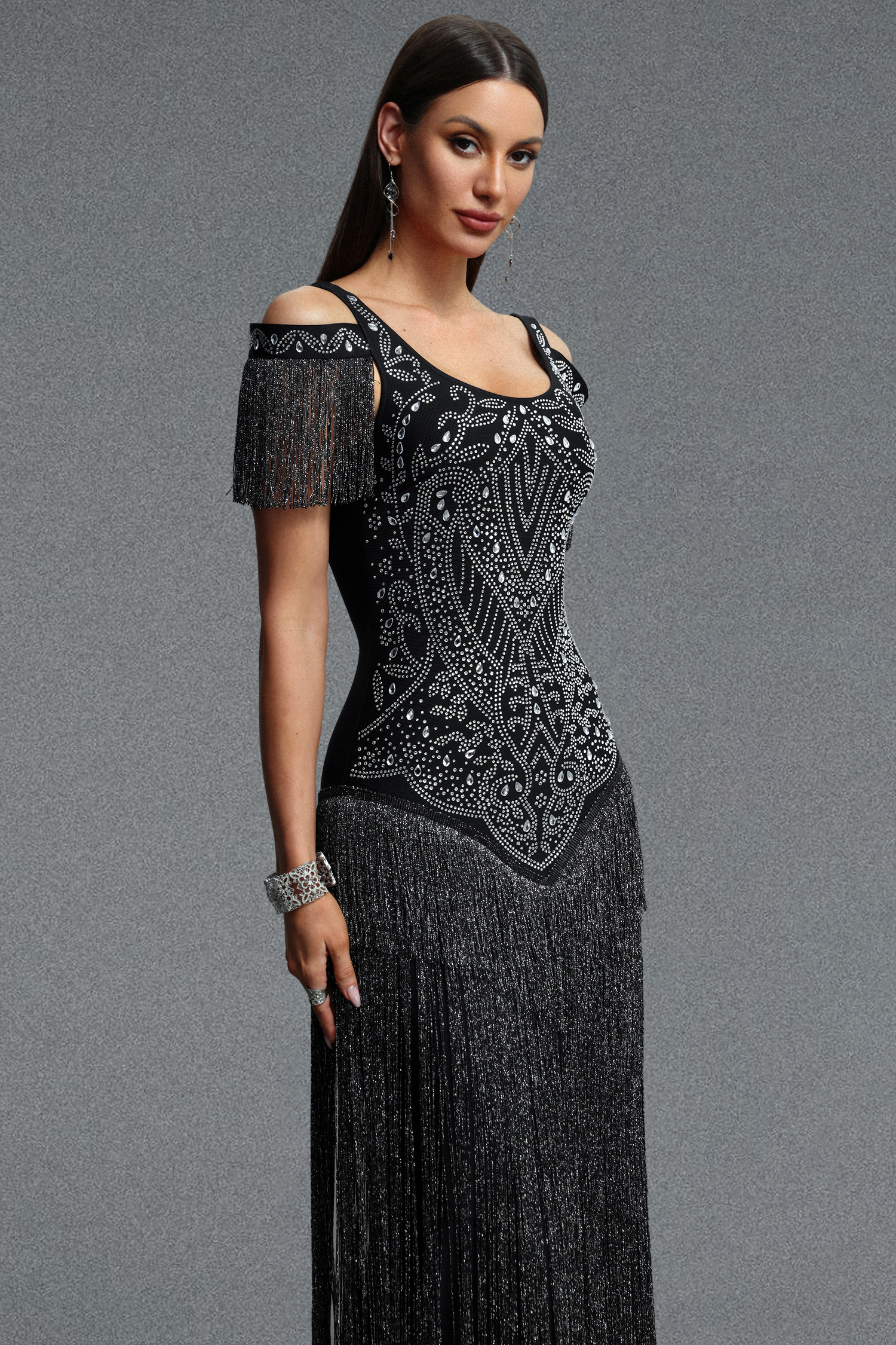 Megan Glamorous Contour Rhinestone Embellished Tassel Bandage Maxi Dress