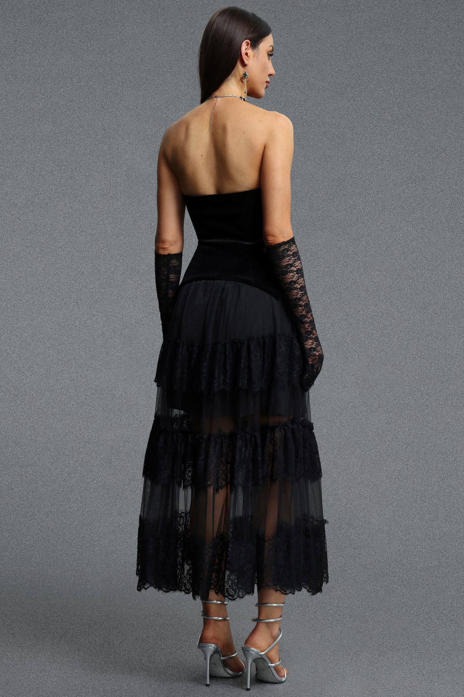 Omega Chic Contour Strapless Buttoned Lace Velvet Maxi Dress