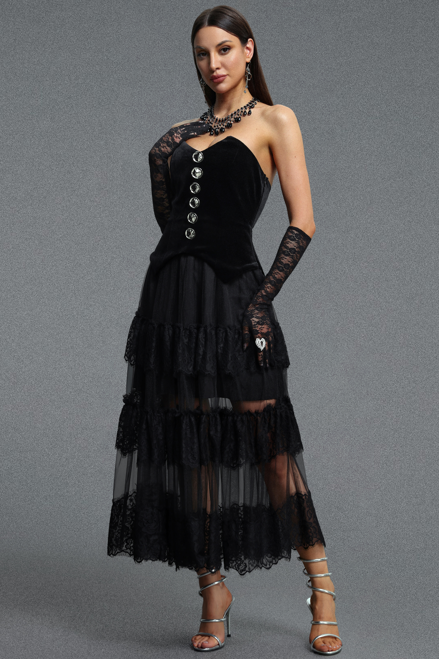 Omega Chic Contour Strapless Buttoned Lace Velvet Maxi Dress