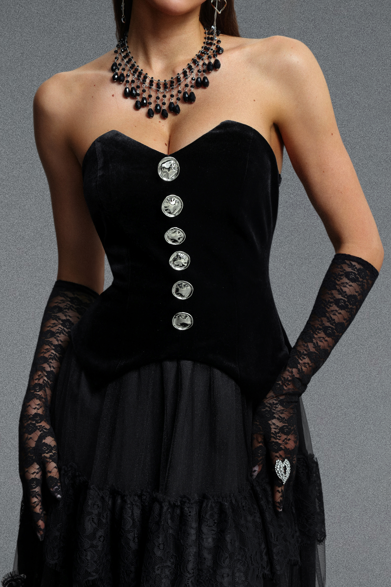 Omega Chic Contour Strapless Buttoned Lace Velvet Maxi Dress